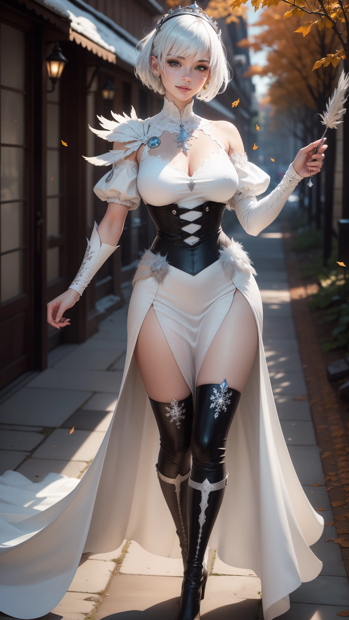 gwen tennyson,tracer,y'shtola rhul,yorha 2b,rebecca chambers,frozen,nier automata,atelier ryza,close up,castle hall,tattoos,white plugsuit,white short sleeve metal top,silver embroidery long white crystal gown dress,panties,blue snowflake corset,short hair,princess makeup,glowing green eyes,multicolored silver hair,sexy smile,freckles,beautiful girl,large breasts,stockings,8k,ultra detailed,realistic,fantasy art,crystal armor,feathered armor,winter princess outfit,long dress train,blue snowflake crown,ear piercings,crystal hand and neck jewelry,walking,(weather:snowing),