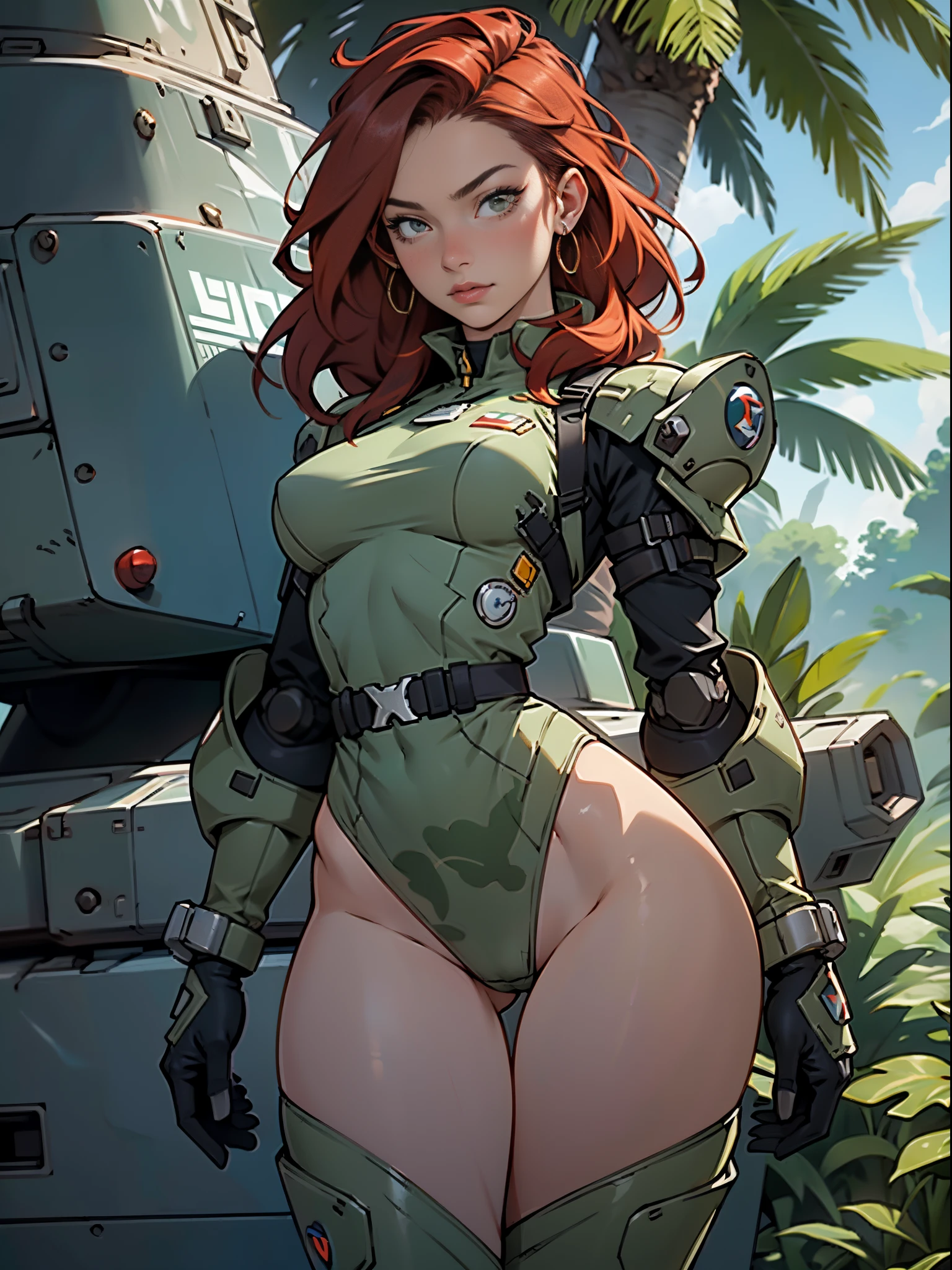 1woman 20 years old, sculpted, military, wearing a soldier helmet, beautiful, perfect body, realistic, red hair, perfect body, thin waist, full outfit, wide hips, large breasts, slim thighs, jungle background, armored vehicle, flying fighters, military robot dog, camouflaged uniform, wealth of details, tight panties marking on the front, head to toe, highly detailed, high resolution, prefect hands,