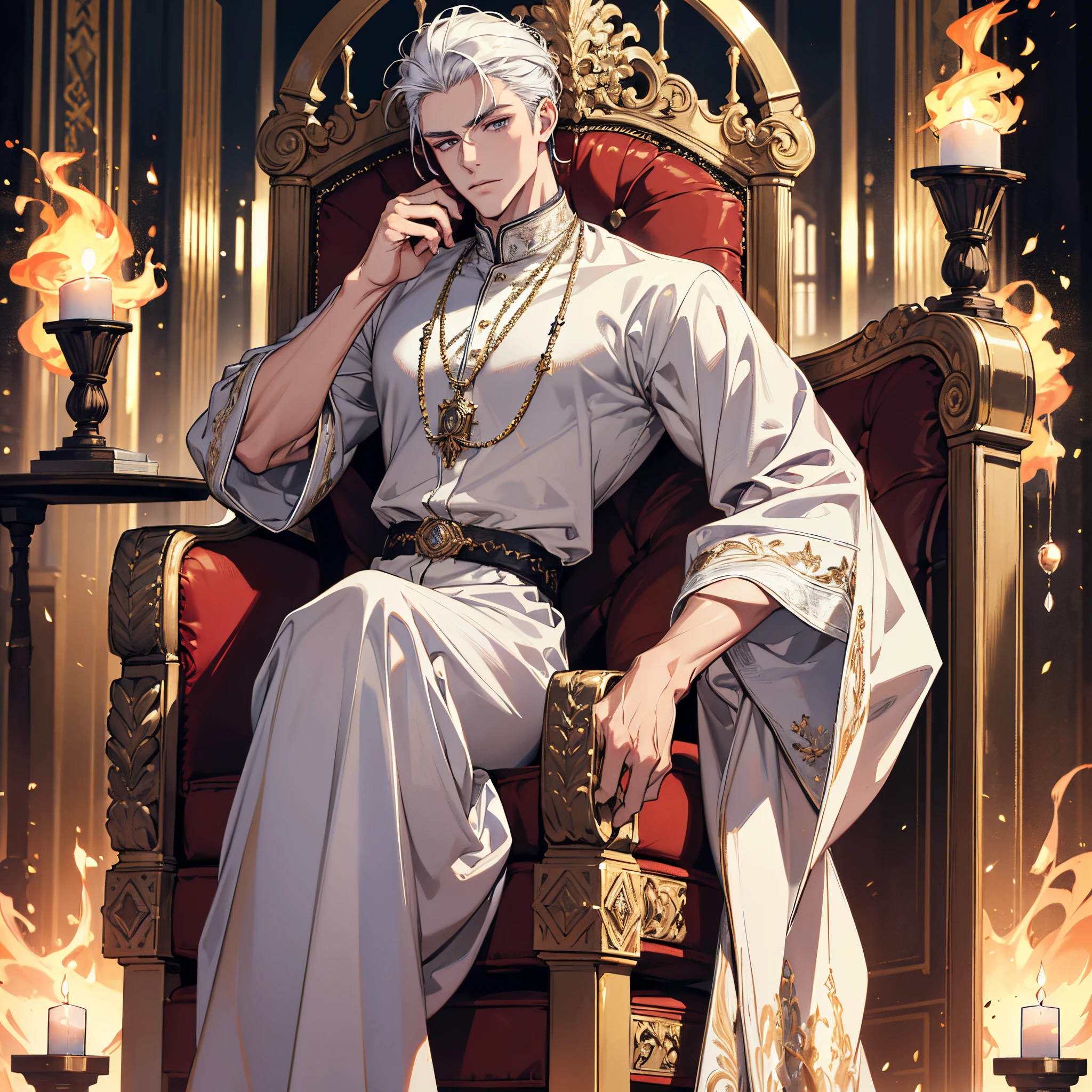 (absurdres, highres, ultra detailed), 1 male, adult, handsome, tall muscular guy, broad shoulders, finely detailed eyes and detailed face, white color hair, brushed back hair, fantasy, magnificent background, throne, magic effect, flame