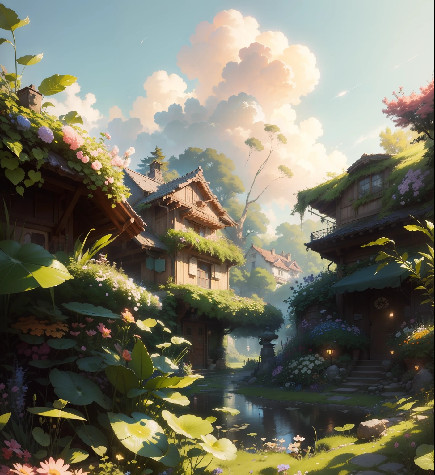 Garden cartoon pictures，There are flowers and plants inside, floral environment, inspired by Krenz Cushart, Detailed view – width 672, Environmental design illustration, Anime landscape concept art, krenz cushart and wenjun lin, Anime background art, Colorful concept art, Ghibli Studio Environment, krenz cushart and artem demura