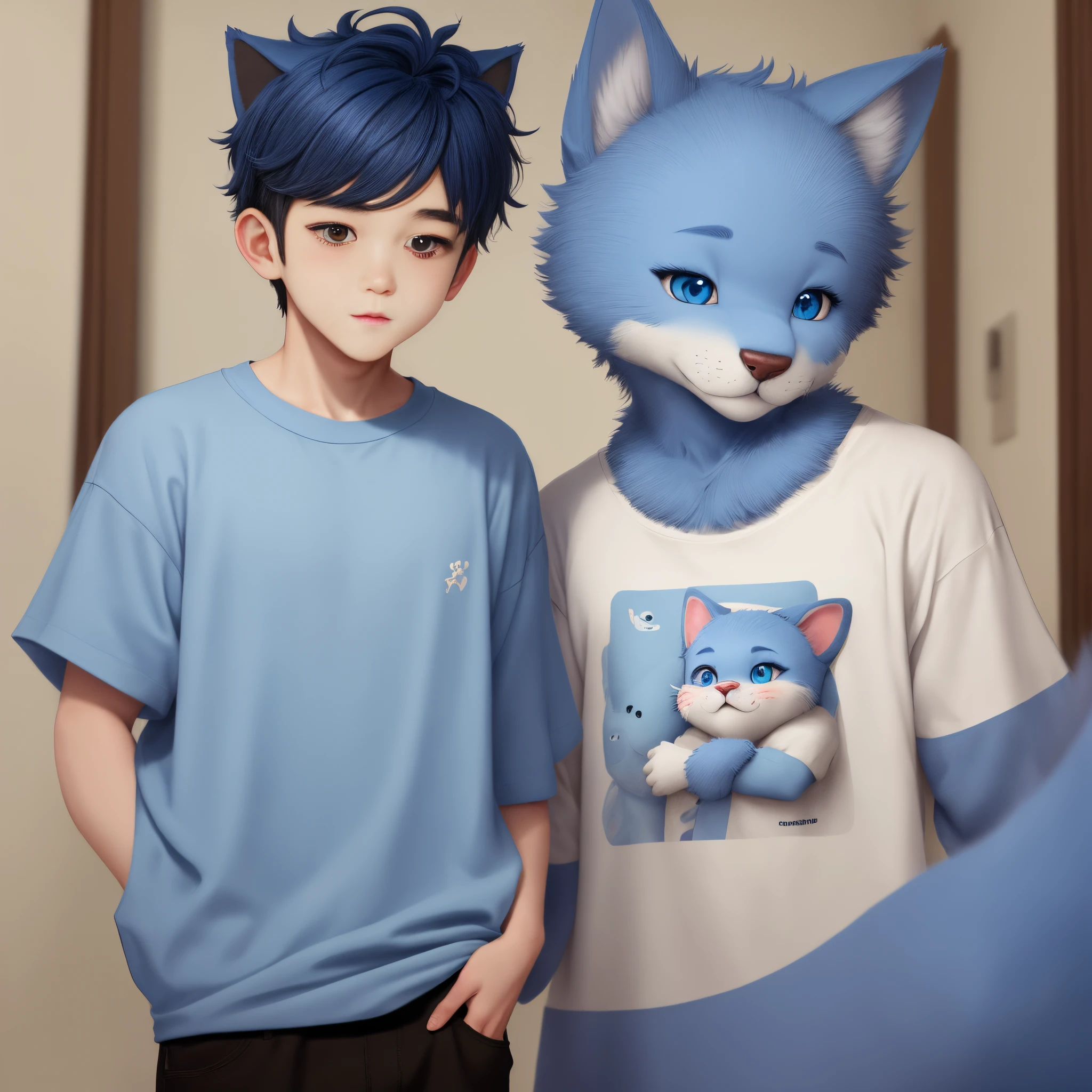 Cute blue boy furry in oversized shirt