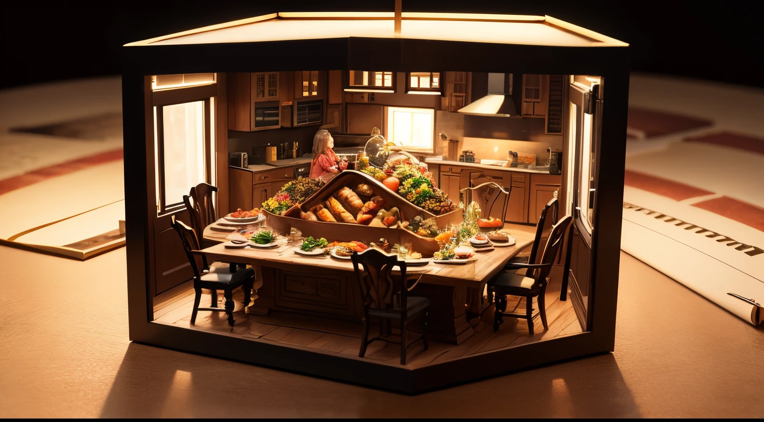 Thanksgiving holiday, at night, the family eats turkey at the dining table, expands the container house, ultra high-definition, realistic, bright colors, very detailed, ultra high-definition drawings, ink, perfect composition