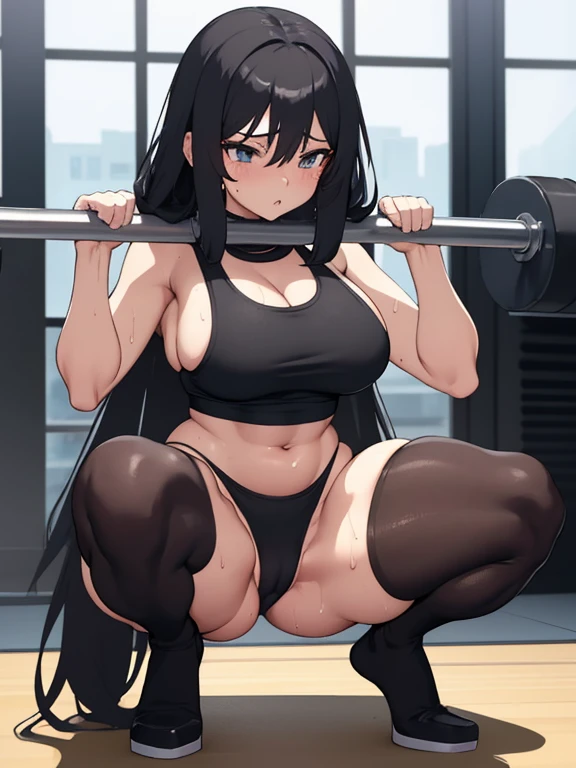 anime girl in tight black high-leg leotard posing on a platform, most strongest pose, thicc, working out, beautiful anime girl squatting, strong pose, sweaty belly, seductive anime girl, at the gym, in a gym, thighs!!!, thighs focus, sweaty skin!!, thighs!!!!!!, fit girl