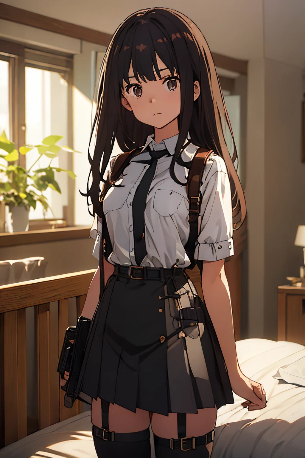 ​masterpiece、flat-colors、depth of fields、lens flare 1 girl、、Brown hair、watching at viewers　　　black suspenders　　　Bulging big breasts　　 　 　　　walls: 　Black miniskirt　garters　　　　　　Gaze　　　Small face　bangss 　　　holster　　a belt 　Beautuful Women　srestrained　hands up　Lying in bed　Leg holster