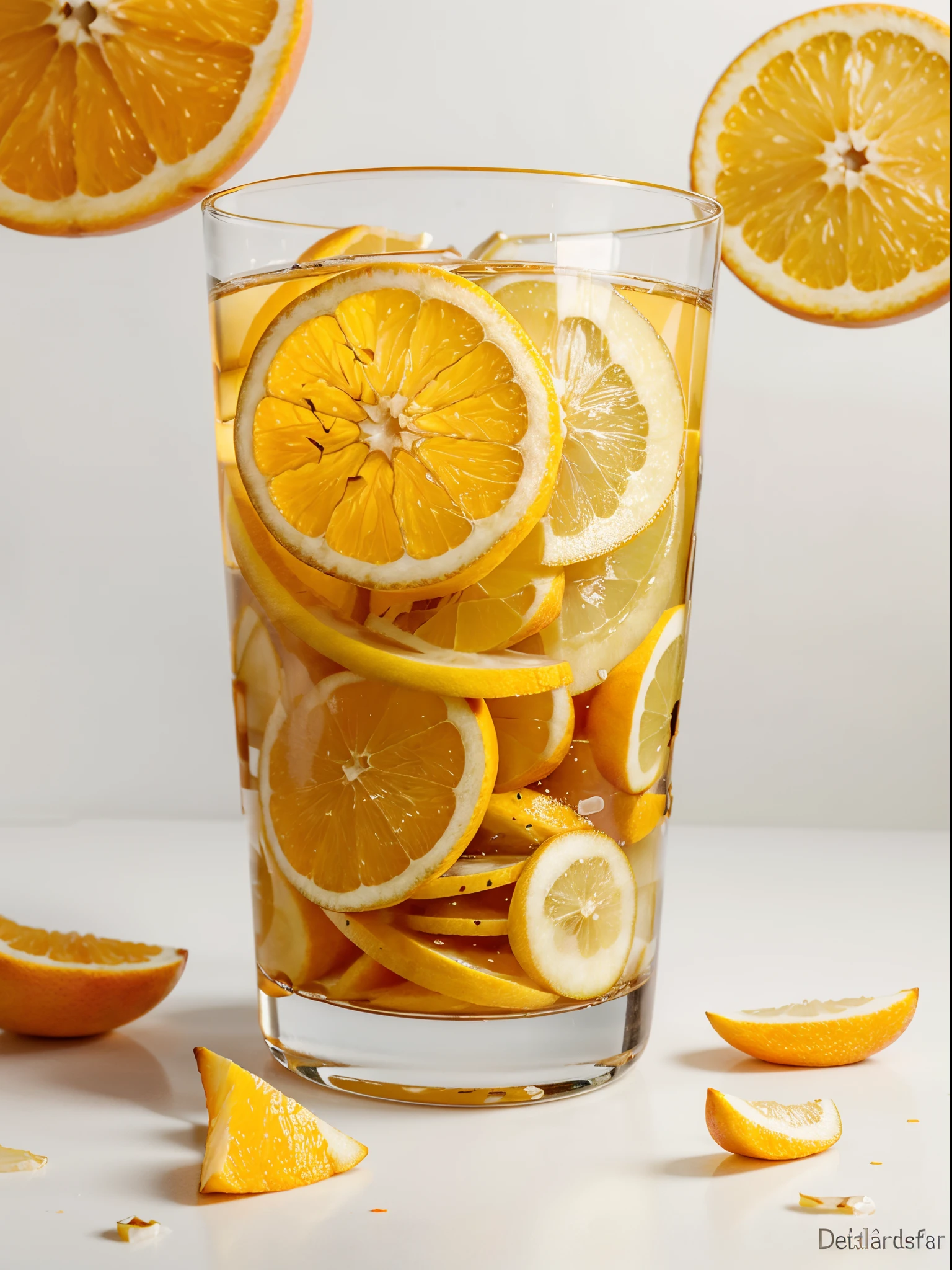 （Best quality，8K，Masterpiece：1.3），NOhumans，Clear glass，There are a lot of peeled and sliced pear in it、peeled orange slices, blend, detalhe poderoso, intense detail, on the white background, Clear detail, professional,（Hyper-realistic：1.3）