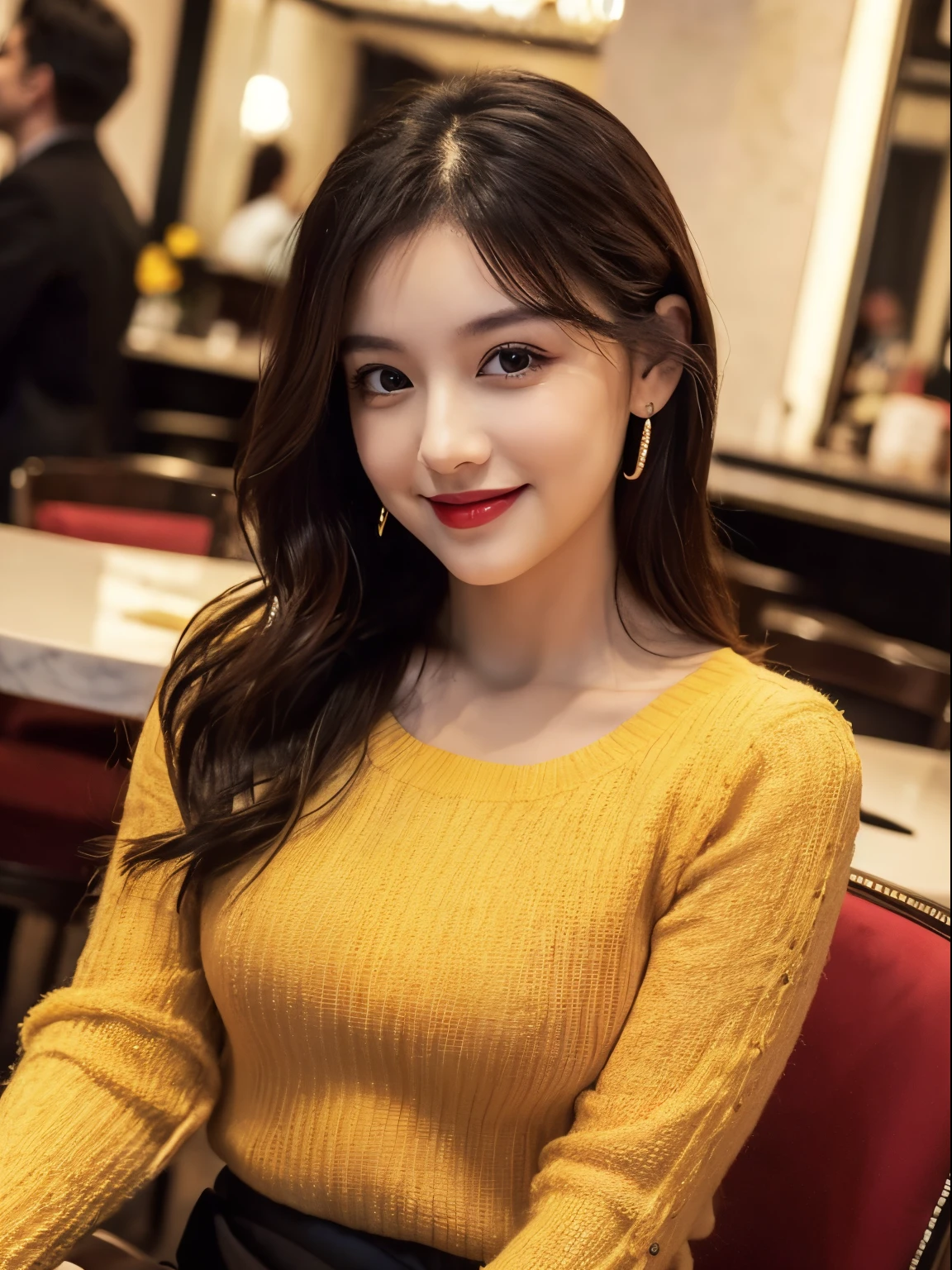 ((Top Quality, 8K, Masterpiece: 1.2)), Beautiful, Pure, Melon Face, Kind and Cute, Sweet Smile, Pure Desire, Slender Body, ((Front)), (Looking at Camera), Wearing a Casual Suit, Medium Hair, long flowing shoulders, big round black eyes, big clear eyes, moist red lips, sweet, sitting on a chair, cafe background, ((waist shot)),