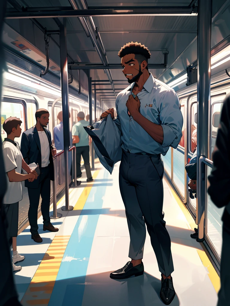 A black man standing on the bus , full expressions, dormindo cueca branca, roupas molhadas, pubic hair visible, BOJO MAIOR, large bulge, large bulge, de cueca branca transparente, bus full of people crying to black, pessoas gravando o menino