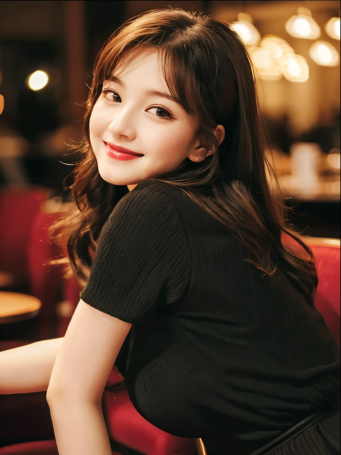 ((Top Quality, 8K, Masterpiece: 1.2)), Beautiful, Pure, Melon Face, Kind and Cute, Sweet Smile, Pure Desire, Slender Body, ((Front)), (Looking at Camera), Wearing a Casual Suit, Medium Hair, long flowing shoulders, big round black eyes, big clear eyes, moist red lips, sweet, sitting on a chair, cafe background, ((waist shot)),