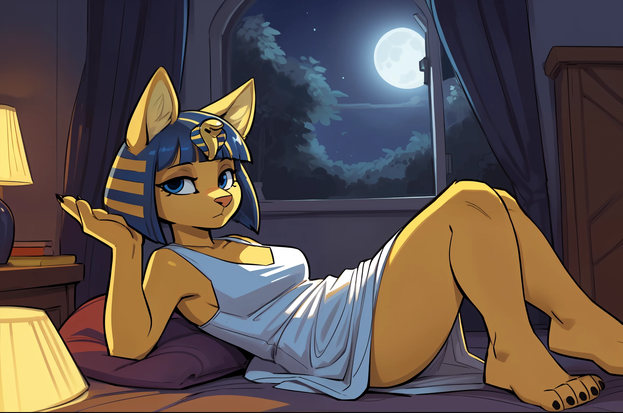 [Uploaded to e621.net; ((by zummeng, by cubedcoconut:1.3, by the-minuscule-task, by ozoneserpent))], ((intricate detail, 4K, ankha)), {Anthro; (cat, female, featureless breasts, antrum, extremely detailed, extremely detailed legs, extremely detailed arms, extremely detailed face, perfectly detailed eyes, perfectly detailed anatomy)), ((cute ears)), ((golden yellow fur, blue bob cut hair)), ((short snout)), ((cute nose))}, ((solo, perspective)), [Body; ((adult, mature body, large body, curved thighs, gorgeous hips, curvature)), (single small tail), ((two legs)), (smooth fur, detailed fur, shiny fur, ((black claws)), ((yellow feet)), five fingers)], [Clothing; ((white dress, white panties))], {(half-closed eyes, lewd expression, looking lewdly at you, looking towards you, beautiful blue eyes, detailed eyes)}, [Perspective: (thigh focus, front view, full body perspective, front shot, showing off to you, candid shot, being lewd, ((lying down)), ((lying on back)), ((lying on bed)), ((legs spread)), ((five toes)))], [Setting; (in a bedroom, ((night time)), ((dull moonlight)), moonlight filtered through window, no lights inside bedroom, painterly, vibrant colors, traditional style, depth of field)],