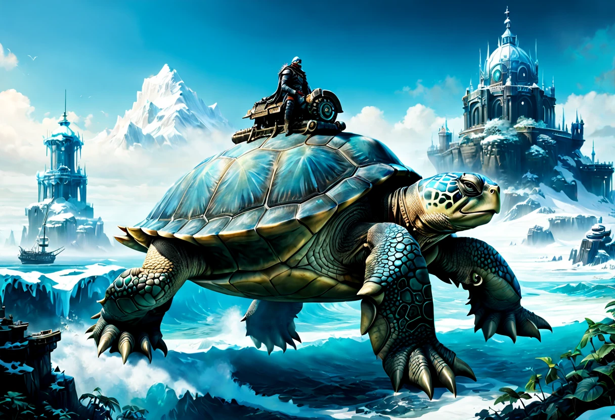 (A high resolution:1.2),ultra - detailed,(actual:1.37) A giant turtle sits above the ocean, fantasy style creatures, frost empire, jungle core, photorealistic technology, Frostpunk, Blue Knight, aetherclockpunk