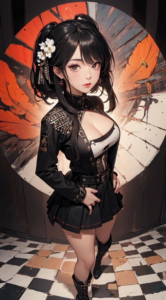 (((8k wallpaper of extremely detailed CG unit:1.2, ​masterpiece, hight resolution:1.2, top-quality:1.2, masutepiece))), ((a very beautiful woman, Hands in pockets:1.8, Grunge Fashion:1.2, wear a blouson:1.2, wearing skirt, wearing tights and boots)), ((extra detailed face, Highly detailed black eyes, extra detailed body, Top quality real texture skins)), (A dark-haired, length hair, de pele branca, Small:1.2, Exposed cleavage), ((Colorful geometric patterns are painted all over the wall.., Colorful wall)), (high-angle:1.2, a closeup, Fisheye:1.4), hyper realisitic, digitial painting,