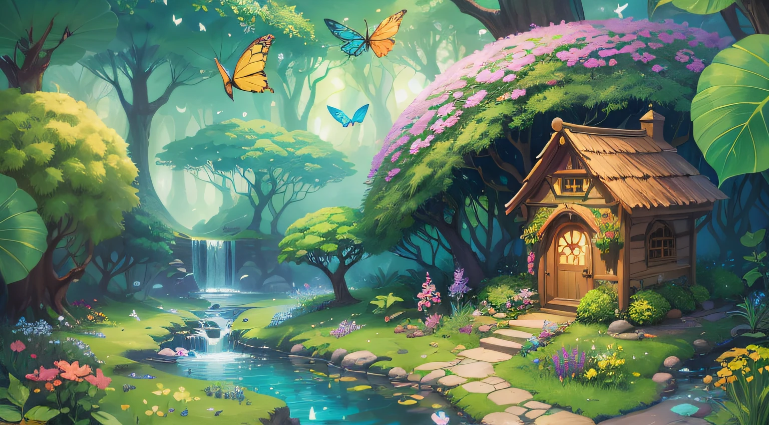 Create a fairytale kingdom a magical and enchanting place filled with beauty and wonder. It&#39;s a lush environment, exotic scenery，Filled with colorful flowers and exotic plants. The sun shines in through the tall pavilions, green leafy trees, Create captivating light and shadow effects. Crystal clear creeks meander through the land, Provide a peaceful and refreshing environment. The air is infused with magical energy, Causes tiny glowing particles to float in the air. The fairy house is built from natural materials such as petals and leaves, Forming a charming and sophisticated structure. The road to fairy tale kingdom is full of magic, Small sparkling stones and soft moss invite fairies to wander. Colorful butterflies and birds flying freely, The air is filled with bright colors and cheerful melodies. The overall feeling is one of calm, Harmony and Miracle, Invite capybaras and other creatures to explore this magical world. Illustrations for children&#39;s books --auto --s2