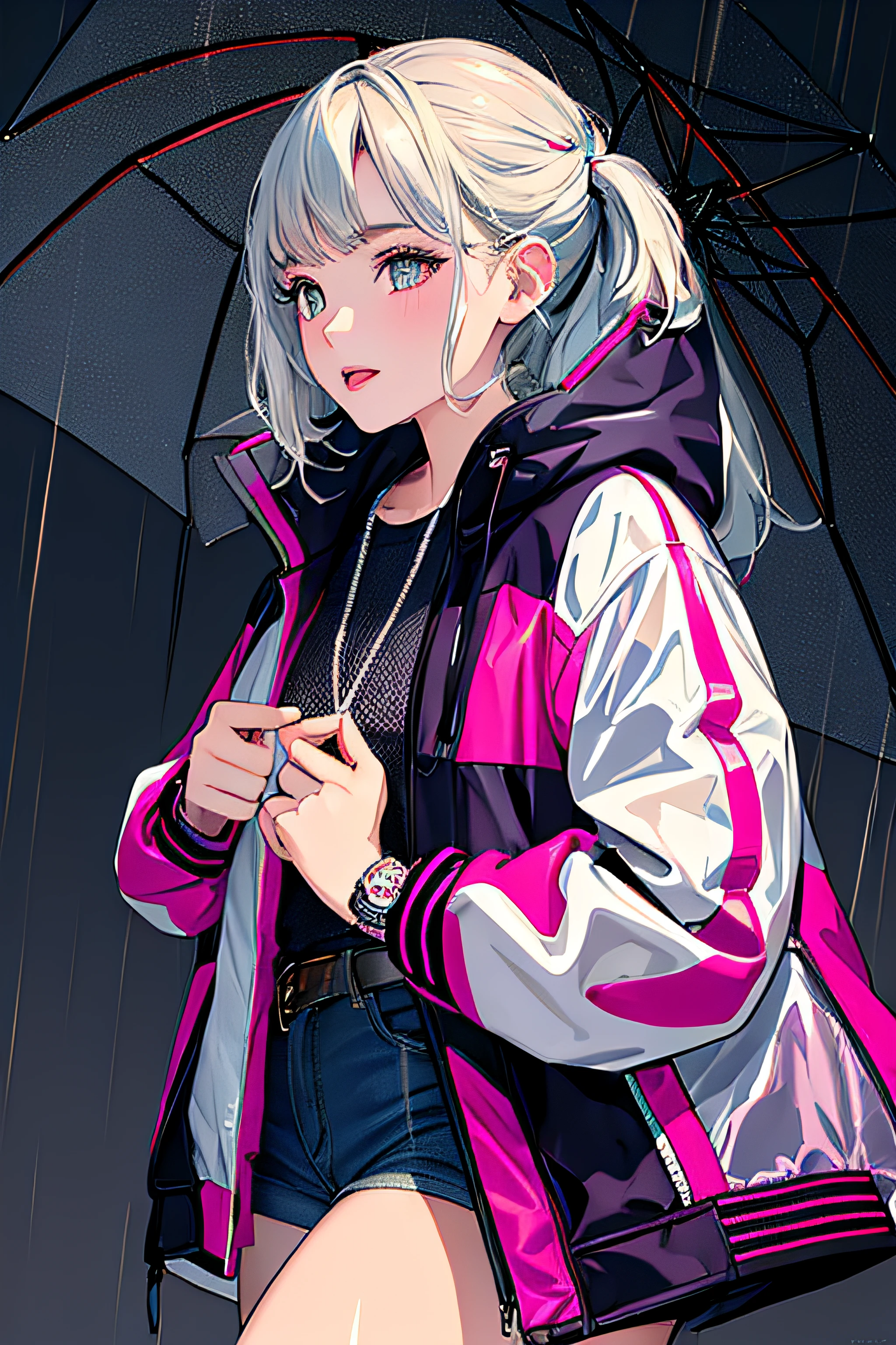 (masterpiece, top quality, best quality, official art, beautiful and aesthetic:1.2), girl, alone in the rain with a jacket in a city, extreme detailed,highest detailed, optical mixing, playful patterns, lively texture, unique visual effect