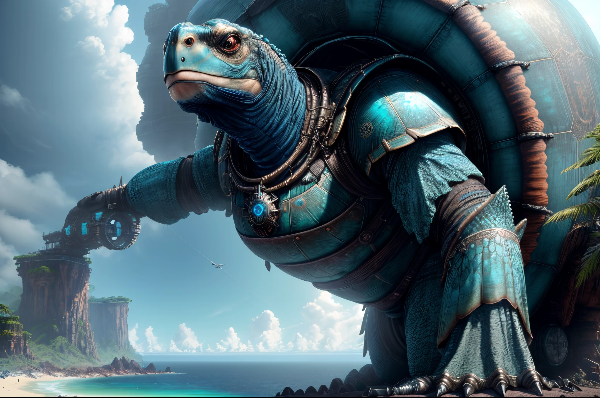 (highres:1.2),ultra-detailed,(realistic:1.37) A giant turtle sitting above the ocean, creature of fantasy style, frosty empire, jungle core, photographic photorealistic techniques, frostpunk, blue knight, ether clockpunk