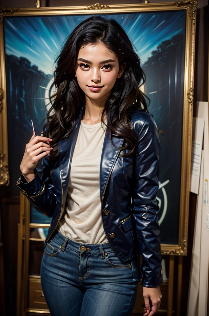 Beautiful girl in an office room staring at camera, elegant, curly hair, wearing jacket, With exaggerated makeup, sly smile, and exaggerated gestures, she stands out like a surreal, oil painting come to life