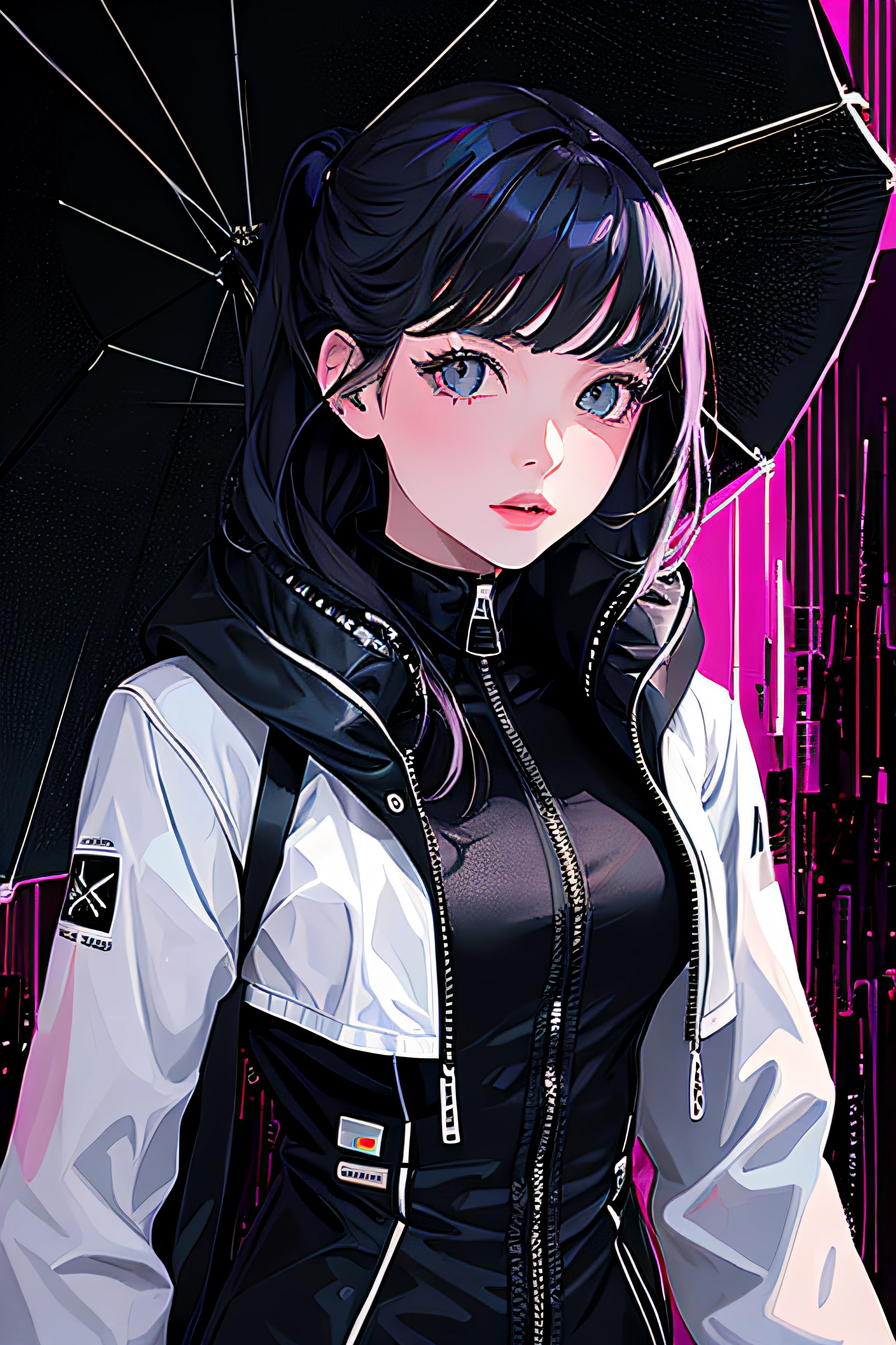 (masterpiece, top quality, best quality, official art, beautiful and aesthetic:1.2), girl, alone in the rain with a jacket in a dark city, extreme detailed,highest detailed, optical mixing, playful patterns, lively texture, unique visual effect