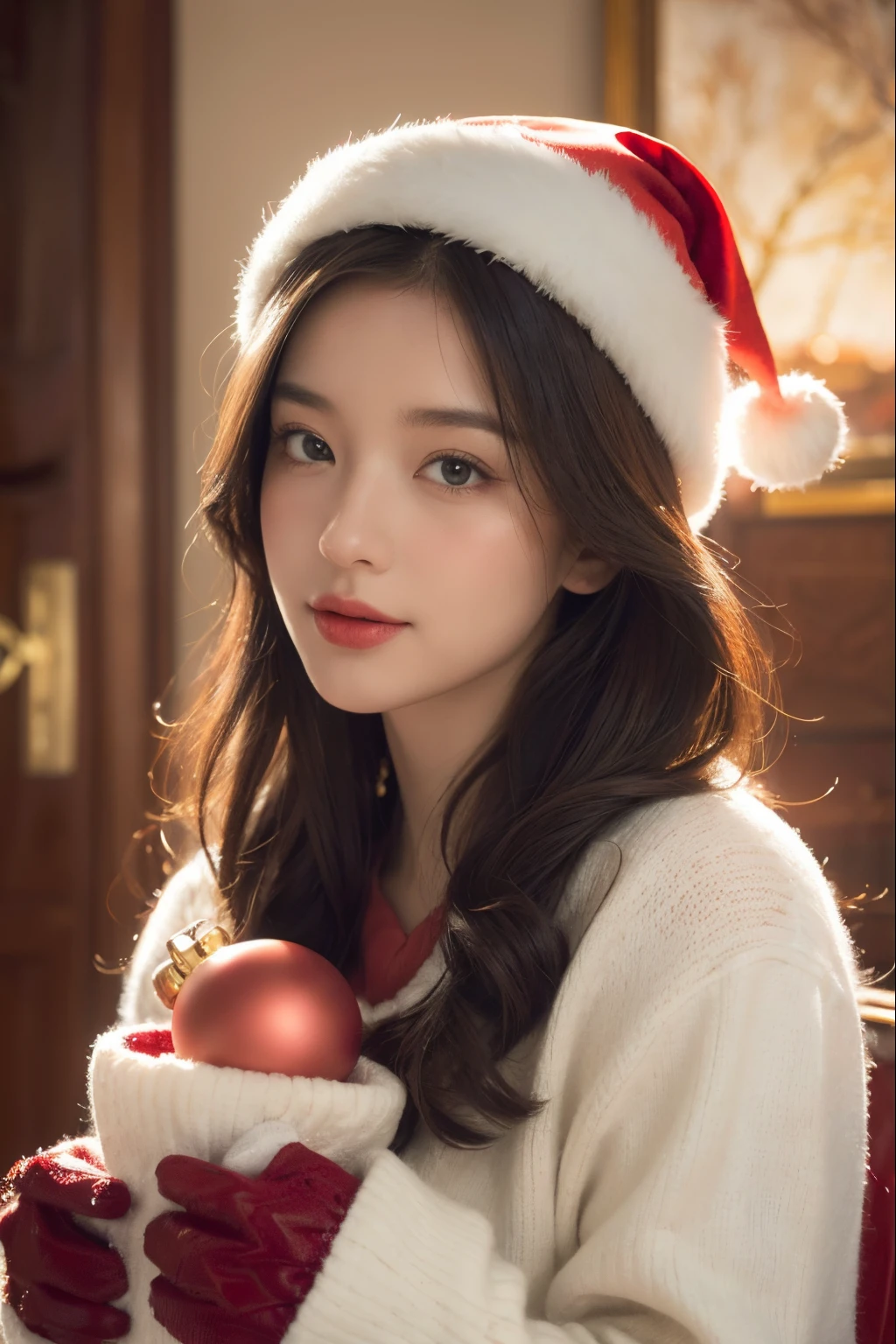 "a beautiful girl Santa Claus, red shoes, illustrations, ultra-detailed, high-quality (best quality, 4k, 8k, highres, masterpiece:1.2), portrait, vivid colors, warm color tones, realistic (photo-realistic:1.37), festive atmosphere, jingle bells, snowflakes, cozy winter scene,  winter wonderland, soft lighting, dreamy ambiance"