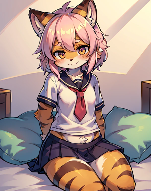 hairy pubic hair, Alone, beast wild, fluffy woman, Tigre, Tiger Ears, (tiny ears), (max detail), (light and shadows),Tigertail, Pink tomboy hairstyle, pillow background, Cute girl in school shirt posing on pillow, pupils, School skirts, (deep blues),  School shirts, (The white), natural,, (face flushed),A smile，pillow head,many pillows，soft pads，Canopy bed，Soft pillows