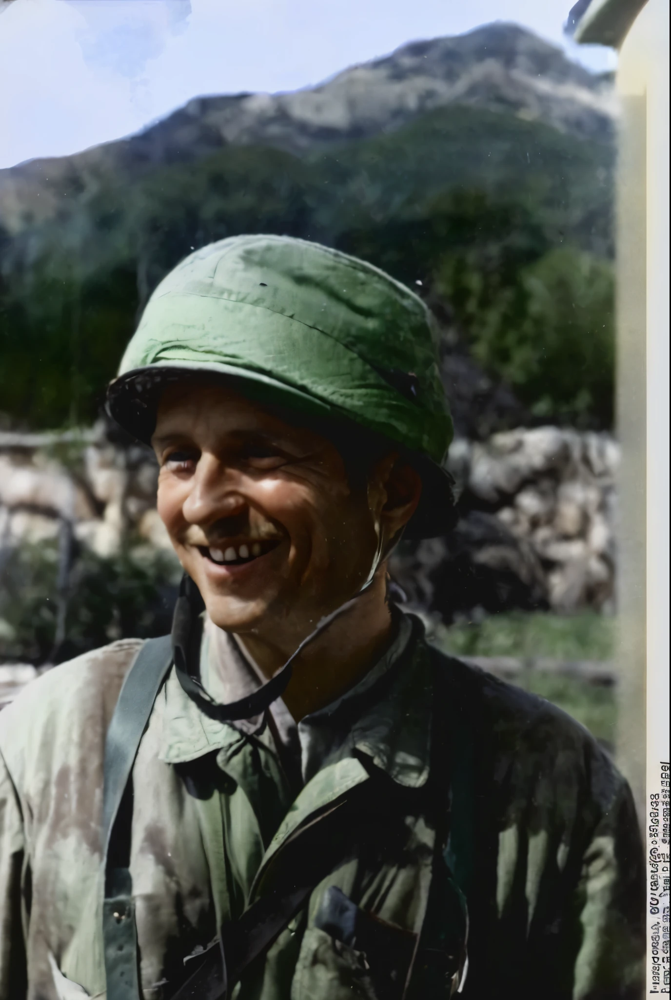 there is a man in a green hat and a green shirt, a colorized photo, colorized, award winning colorized photo, colorized photograph, colorized photo, colourized, detail, photo in color, restored color, smiles, colorized background, colorized photon, profile close-up view, close up portrait, very slightly smiling, closeup portrait shot, coloured photo