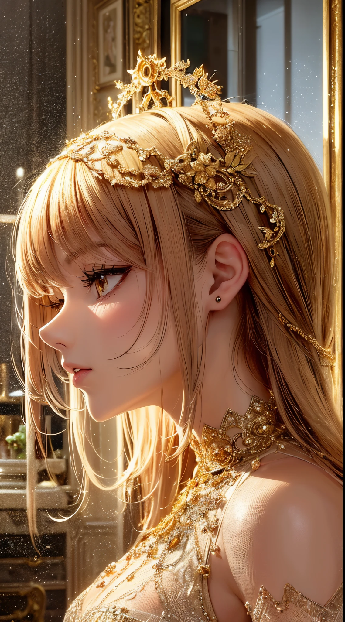 A girl (elegant, beautiful), a boy (handsome, rich in gold), snuggling together intimately, couple, lover, half body photo, indoor (luxurious), natural light, masterpiece, 8K, anime style --auto --s2