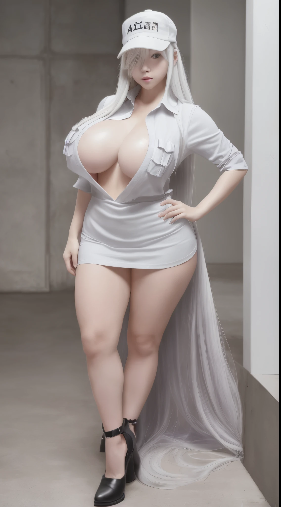 \(8K, Best quality at best, tmasterpiece:1.2\), \(actual, full body shot shot,Photorealistic:1.37\),\(ulzzang-6500-v1.1\), \(A detailed eye\), \(detailedfacialfeatures\), \(\(Detailed clothing features\)\), (Face focus:1.3),posing on a,full body shot shot,gigantic cleavage breasts, Chopping,
1 extremely tall, strong, plump and sexy girl, whaite hair,has cleavage, Super long hair three meters long, Alone, Have extremely exaggeratedly huge thick breasts,Elongated waist,Extremely exaggerated and huge thick buttocks,Super long big thick legs,Extremely exaggerated thick leg muscles, hair covering one eye, with her mouth open, The shirt, looking at viewert, hand on hips, white skinned, baseball cap, colored skin, 鎖骨, collared shir, navel, By bangs, Indoors, side locks, With gray eyes, thick thight, employee uniform, Open your clothes, cow boy shot, White booties,rolled up sleeves, White hair,Very long hair,Patryne username,a skirt,White booties,white blood cell,full body shot shot。