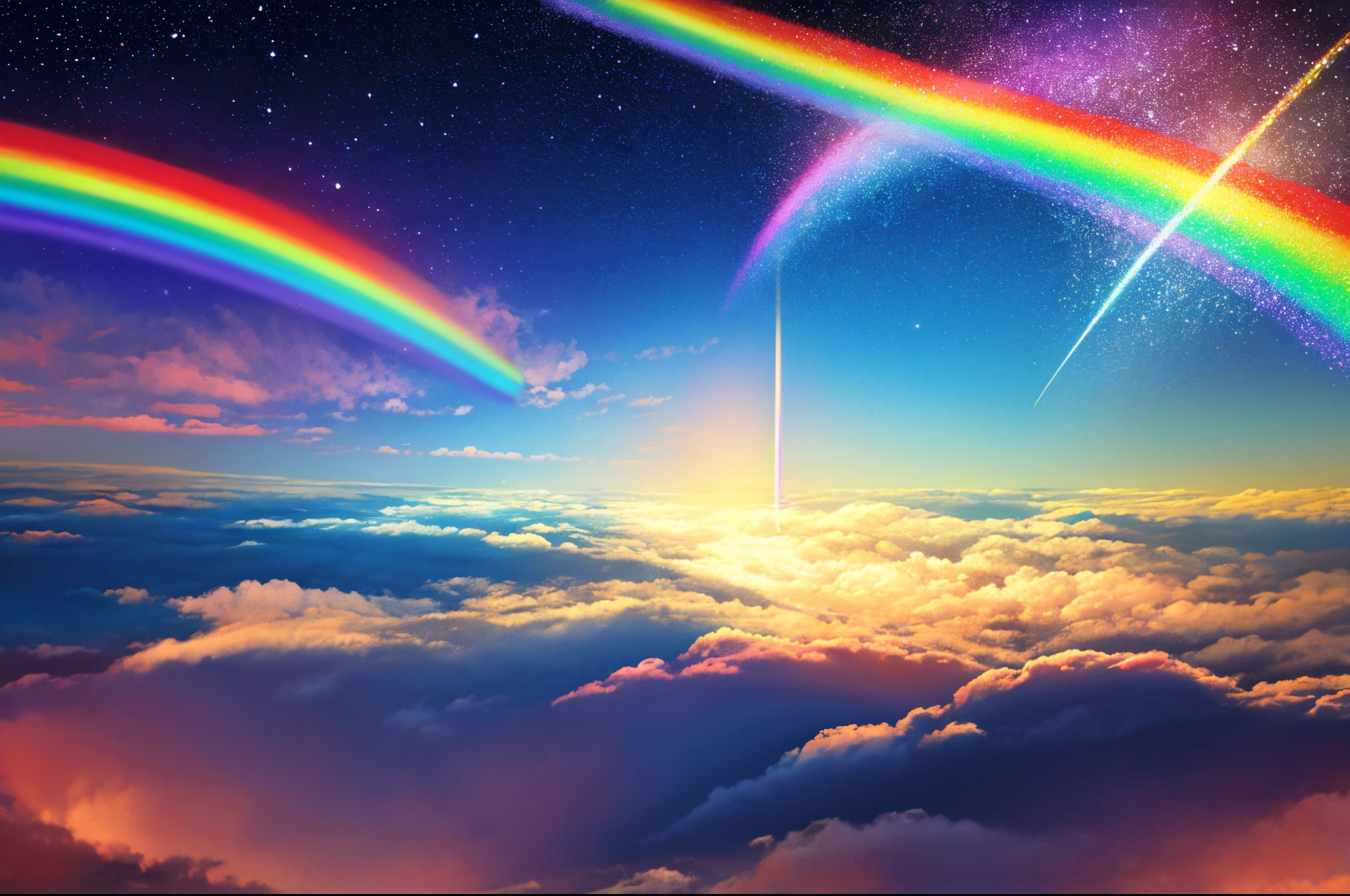 a rainbow colored sky,Painting with clouds and rainbow, very colorful heavenly, Elegant rainbow rain clouds, Bright rainbow rain clouds, iridescent clouds, heavenly colors, on cosmic cloudscape, Sunny rainbow galaxy rough sea, Rainbow clouds, ethereal rainbows, iridescent clouds, sitting on the cosmic cloudscape, heaven planet in background, Iridescent sky, heavenly atmosphere