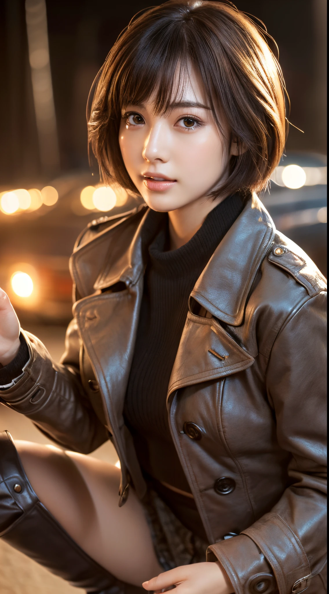 1girl,(wearing a trench coat over a tube top :1.2),(miniskirt:1.2),(leather boots:1.2),(RAW photo, best quality), (realistic, photo-realistic:1.4), masterpiece,Attractive Japan Woman Pictures, an extremely delicate and beautiful, extremely detailed, 2k wallpaper, Amazing, finely detail, extremely detailed CG unity 8k wallpaper, ultra-detailed, highres, soft light, beautiful detailed girl, extremely detailed eyes and face, beautiful detailed nose, beautiful detailed eyes,cinematic lights,perfect anatomy,(short hair:1.3),