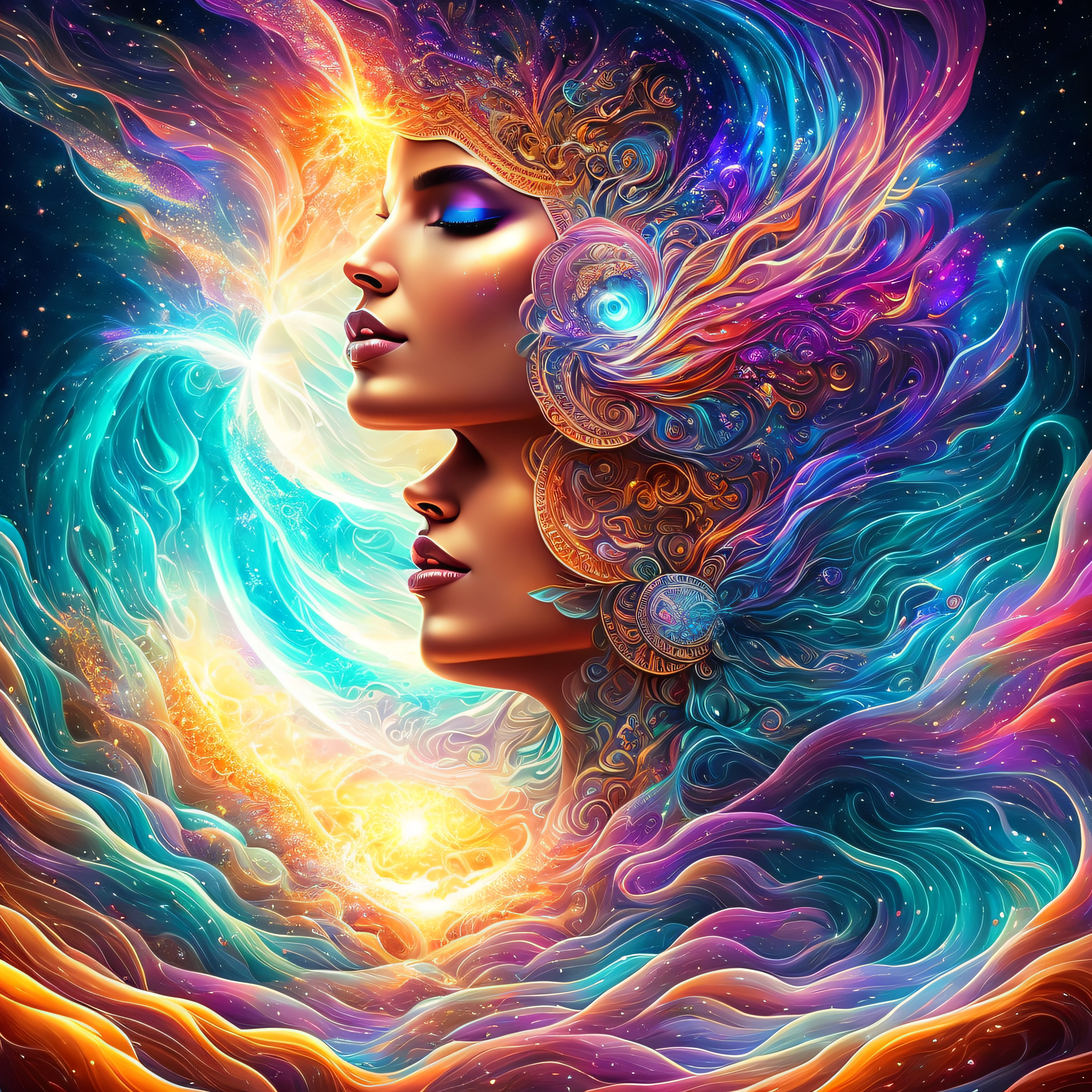 Plunge into the ether that flows with the eternal soul through the vibrations of love, Everything is connected, Flowing energy, spiritual, divine, Dreams, cosmic, concept-art, Blowing the Mind, Female beauty, god, Pineal gland, dreamlikeart