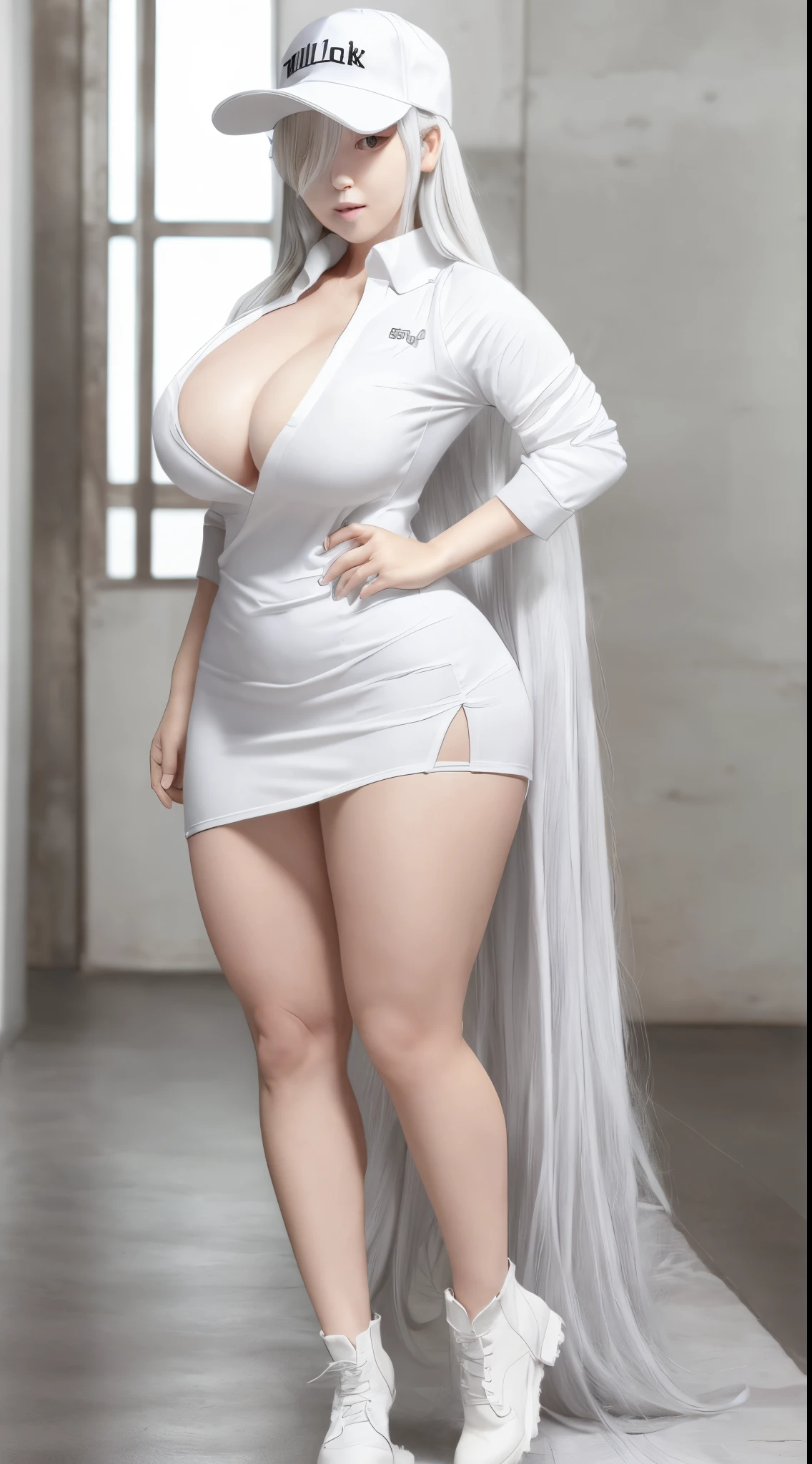 \(8K, Best quality, tmasterpiece:1.2\), \(actual, Fulll body Shot,realisticlying:1.37\),\(ulzzang-6500-v1.1\), \(A detailed eye\), \(detailedfacialfeatures\), \(\(Detailed clothing features\)\), (Face focus:1.3),placed in a,Fulll body Shot,Huge cleavage, LOP,Extremely tall,
1 very high, strong, Busty sexy girl, White hair,There is cleavage, Super long hair three meters long, Alone, Possessing extremely exaggerated huge and thick breasts,Big, thick, exaggeratedly long breasts,elongate waist,Extremely exaggerated huge thick butt,big thick ass,Extra long thick legs,Extremely exaggerated thick leg muscles, Extremely huge thick legs,hair covering one eye, with her mouth open, The shirt, looking at viewert, hand on hips, white skinned, baseball cap, colored skin, 鎖骨, collared shir, navel, through bangs, Indoors, side locks, Has gray eyes, thick tight, employee uniform, Open your clothes, cow boy shooting, White booties,rolled up sleeves, White hair,Very long hair,Patryn username,a skirt,White booties,white blood cell,Fulll body Shot。