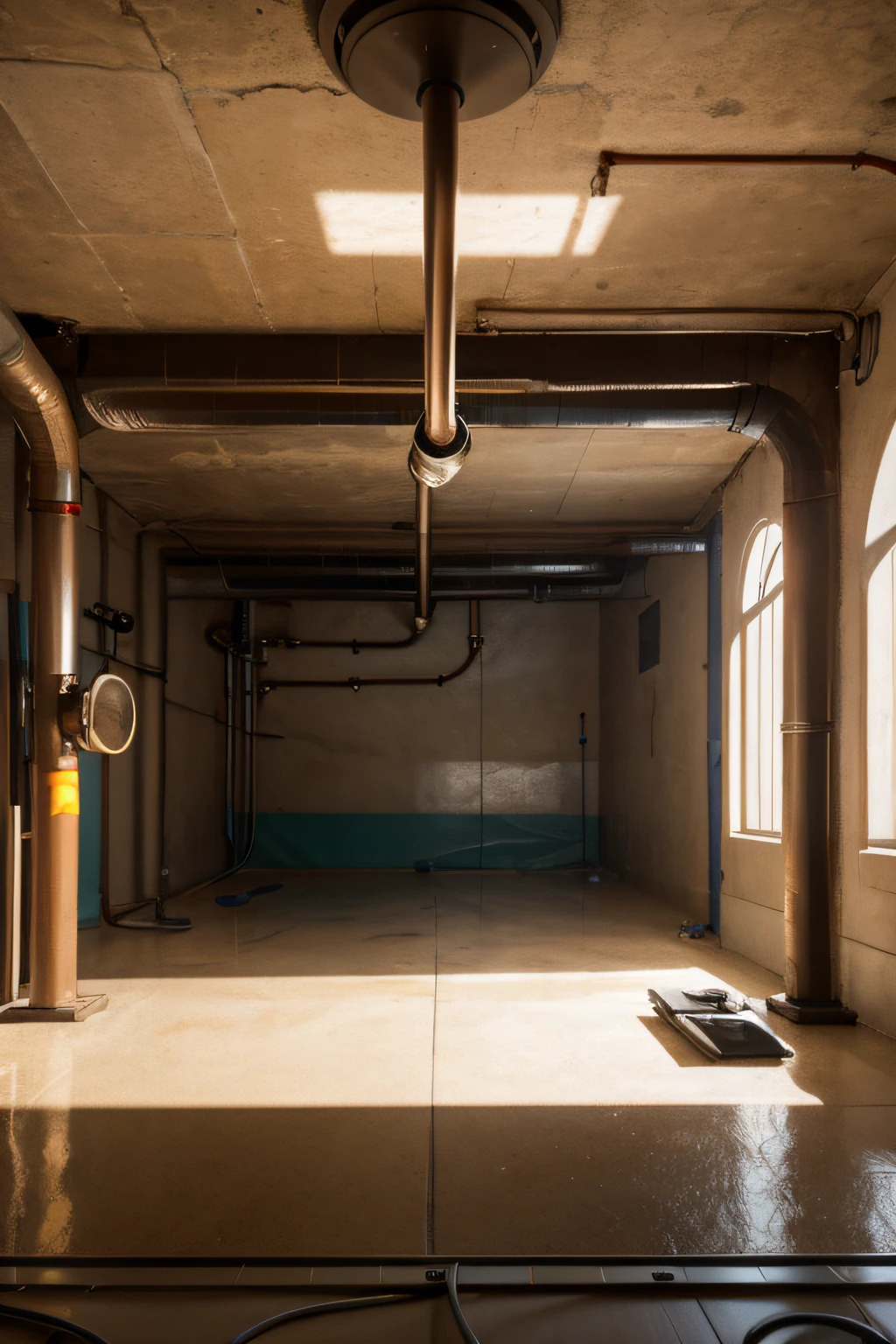 In the basement of the building, water pump line, Art Deco, Minimalism, Verism, blending, ray tracing, panorama, Wide-Angle, UHD, super detail, high details, best quality, ccurate