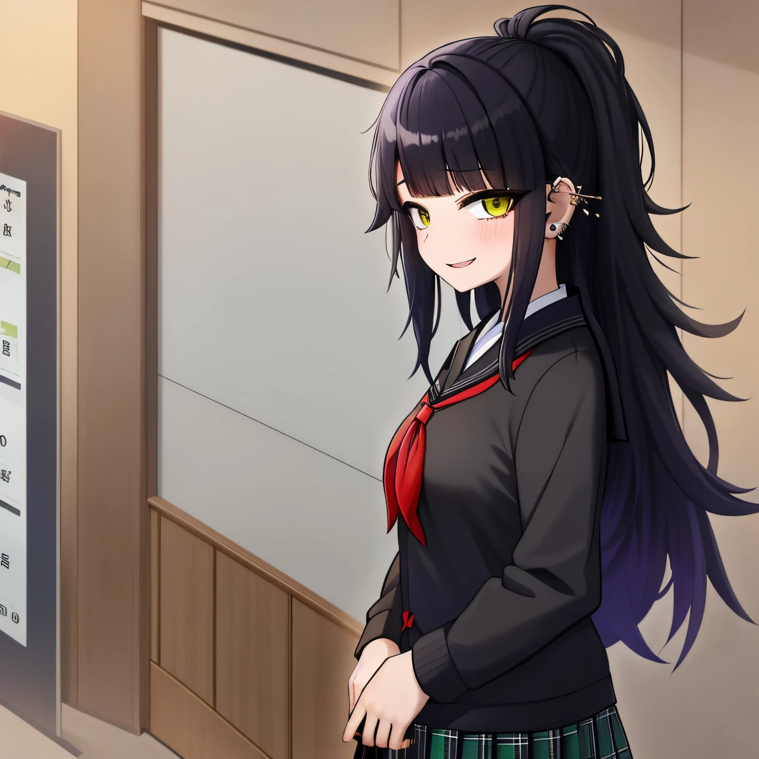 Young girl, black hair, assymetric hair, symetric bangs,japanese student outfit, dark green plaid skirt, nose and ear piercings, purple highlights in hair, bulging eyes, happy expression, in one school, japanese school, 4k, masterpiece, Anime, HD,