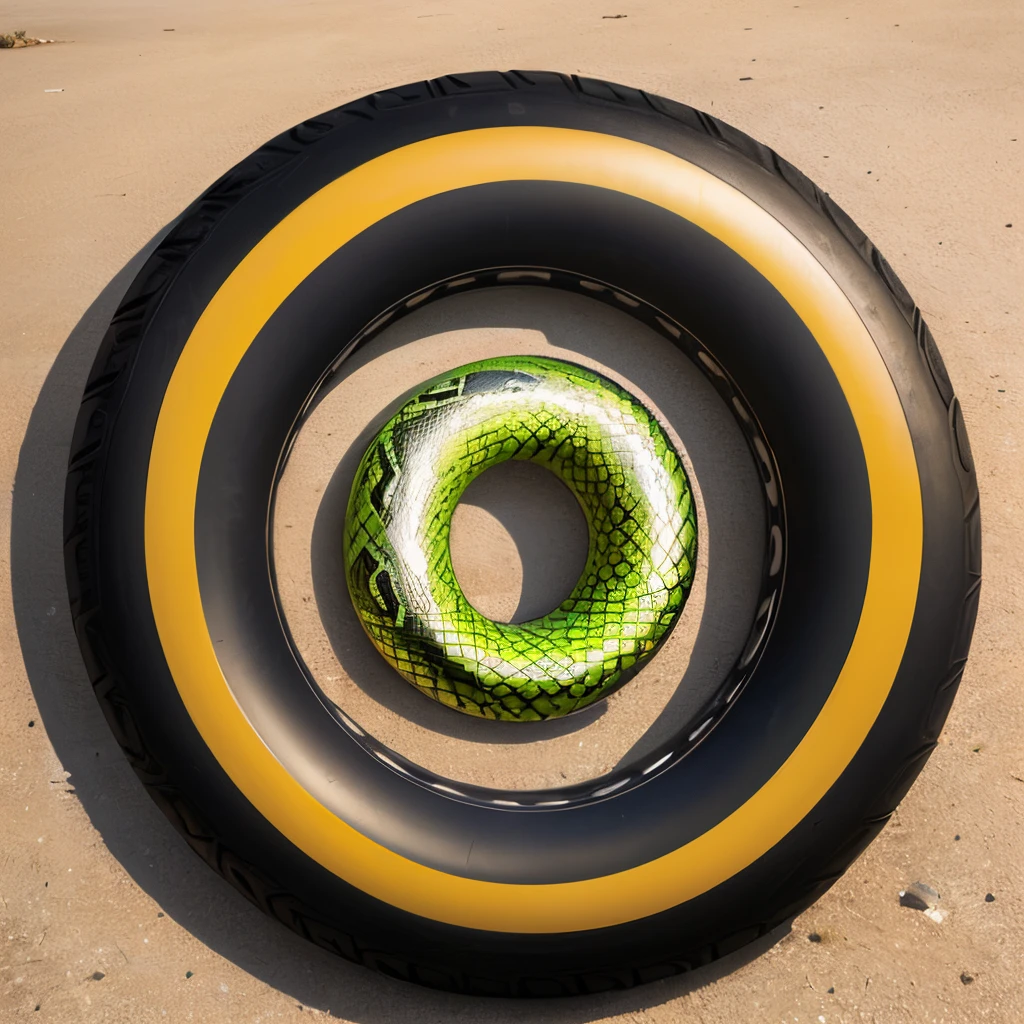 Geometric snake getting tan over by tire