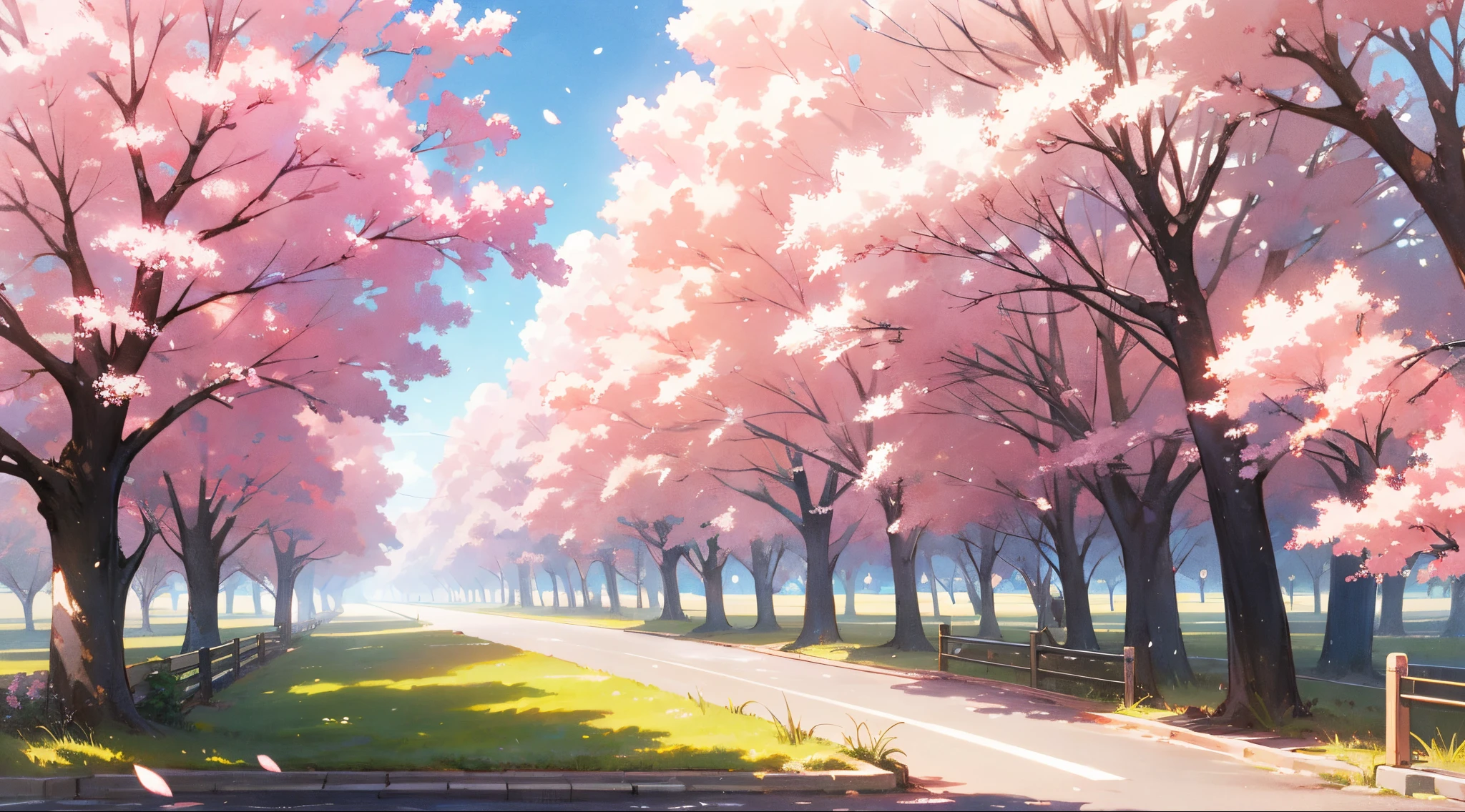 There is a daytime photo,grassy fields,Pink cherry blossom tree pictures。author:Xinhai sincerely、Anime Sky、anime。Xinhai sincerely,Makoto Shinkai's style,Makoto Shinkai's style,The Lost Land。Inspired by landscape backgrounds,Xinhai sincerely,Xinhai sincerely。- H 2160,夏天,Makoto Shinkai concept art,Douban,magic realism,beautiful anime scenes,beautiful sky。Xinhai sincerely,(author:Shinkai sincerely)),Anime background art,anime backgrounds,Makoto Shinkai's style,anime movie backgrounds