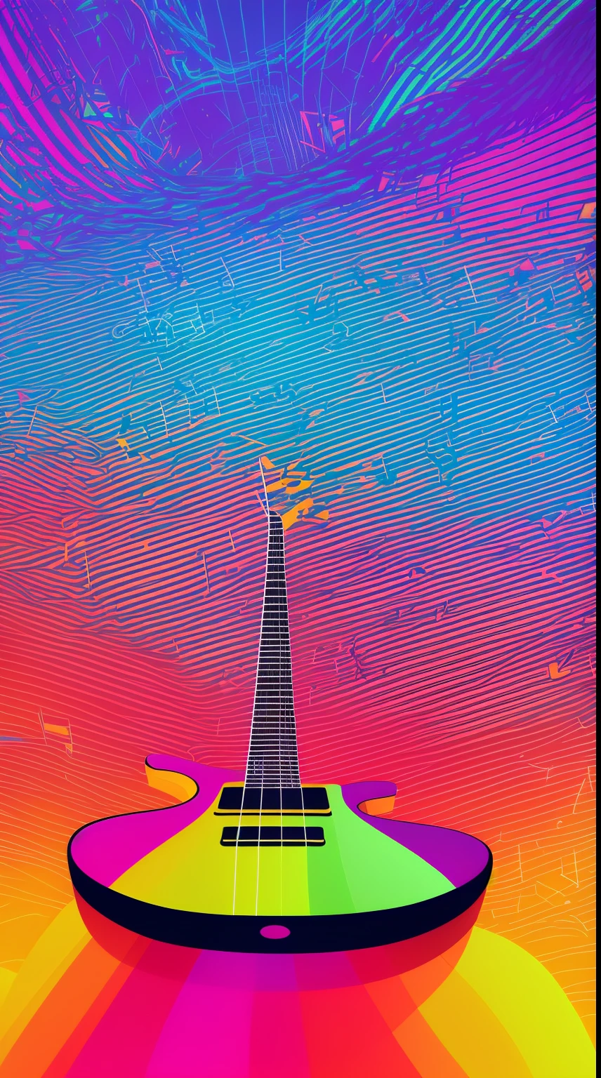 guitar,There are rainbow swirls, Jumping notes, colorful plaid,vivd colour, vivd colour, futuristic art style, Colorful concept art, colourful artwork, psychedelic illustrations, Colorful film art, Go beyond style and color, futuristic but colorful shading, outrun art style, stunning art style
