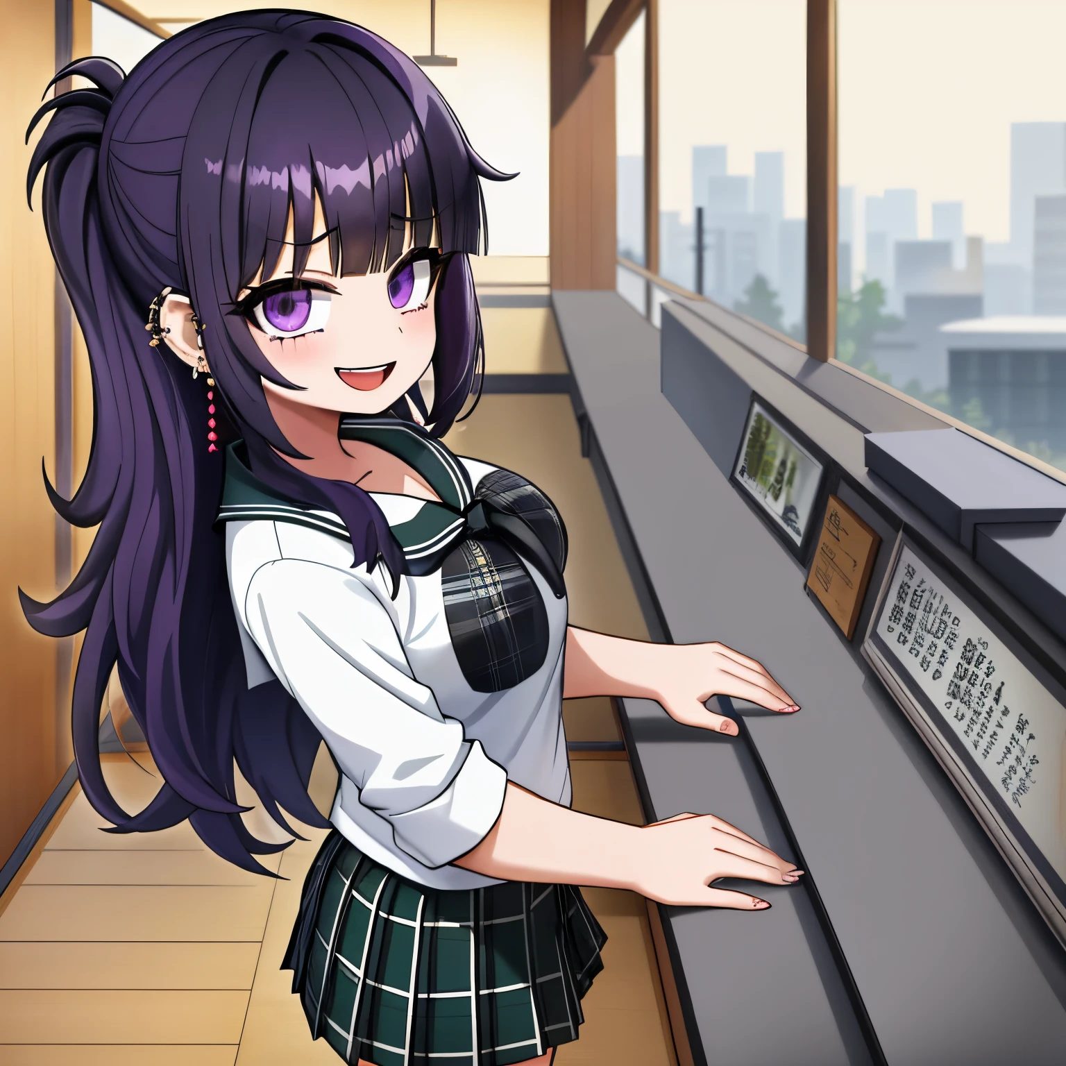 Young girl, black hair, assymetric hair, symetric bangs,japanese student outfit, dark green plaid skirt, nose and ear piercings, purple hair highlights, bulging eyes, happy expression, in one school, japanese school, 4k, masterpiece, Anime, HD,