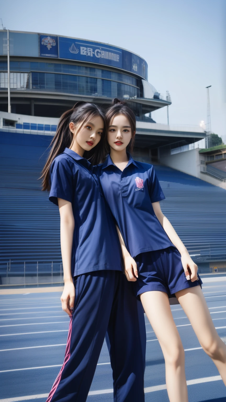 (bestquality,10,10,highres,masterpiece:1.2),ultra-detail,(Realistic,photorealistic portrait,photo-realistic:1.37),1 Cute girl in the football field,oily shiny skin,bara,light smile,BDclothelue shirt:1.3)),short sleeves,shirt, trousers.,(navy_long_Pants Track:1.1), ((Stadium Background:1.3)),dynamic angle,excited,face focus,Dynamic Poses,from behide,Ass Focus,masterpiece, bestquality, ultra realistic, hyper-detail, 8k resolution, RAW photo, crisp focus, ((Navy blue shirt:1.1)), short sleeves, Long Path, Perfect body, 2 mature women, 18yo, cinematic light,Blue sweatpants,Gymware,Correct anatomy,Complete body, Correct body, sharp face, Anatomically correct body, full entire body, Realistic gestures, long-haired, Realistic poses,Wear long shorts............................,Long leg span,Shapely,Sculpting Girl, Slender Figure, mannequin mannequins, Shapely, Beautiful body,Blue sweatpants, Two girls kissing