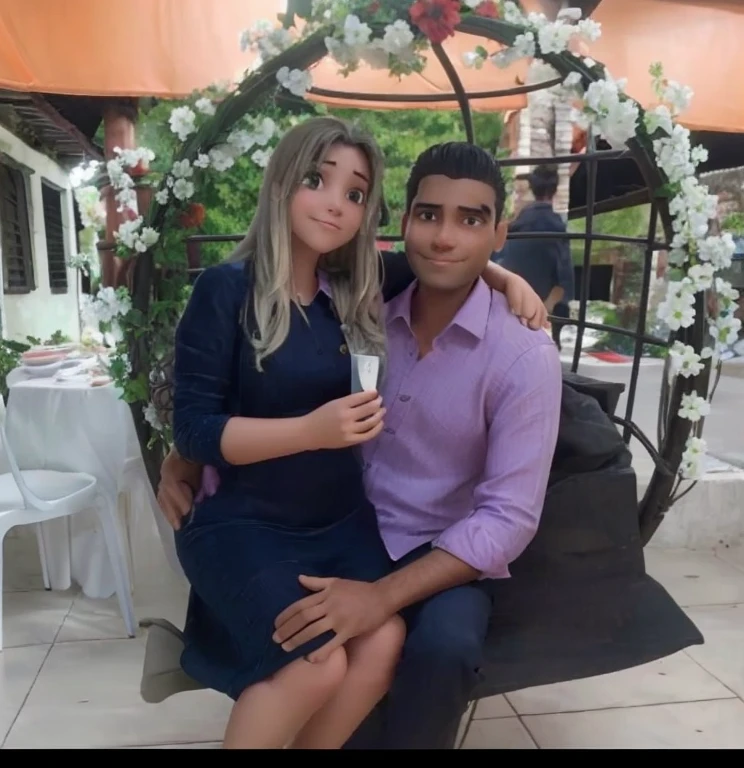 Um lindo casal sentado, she is sitting on his legs