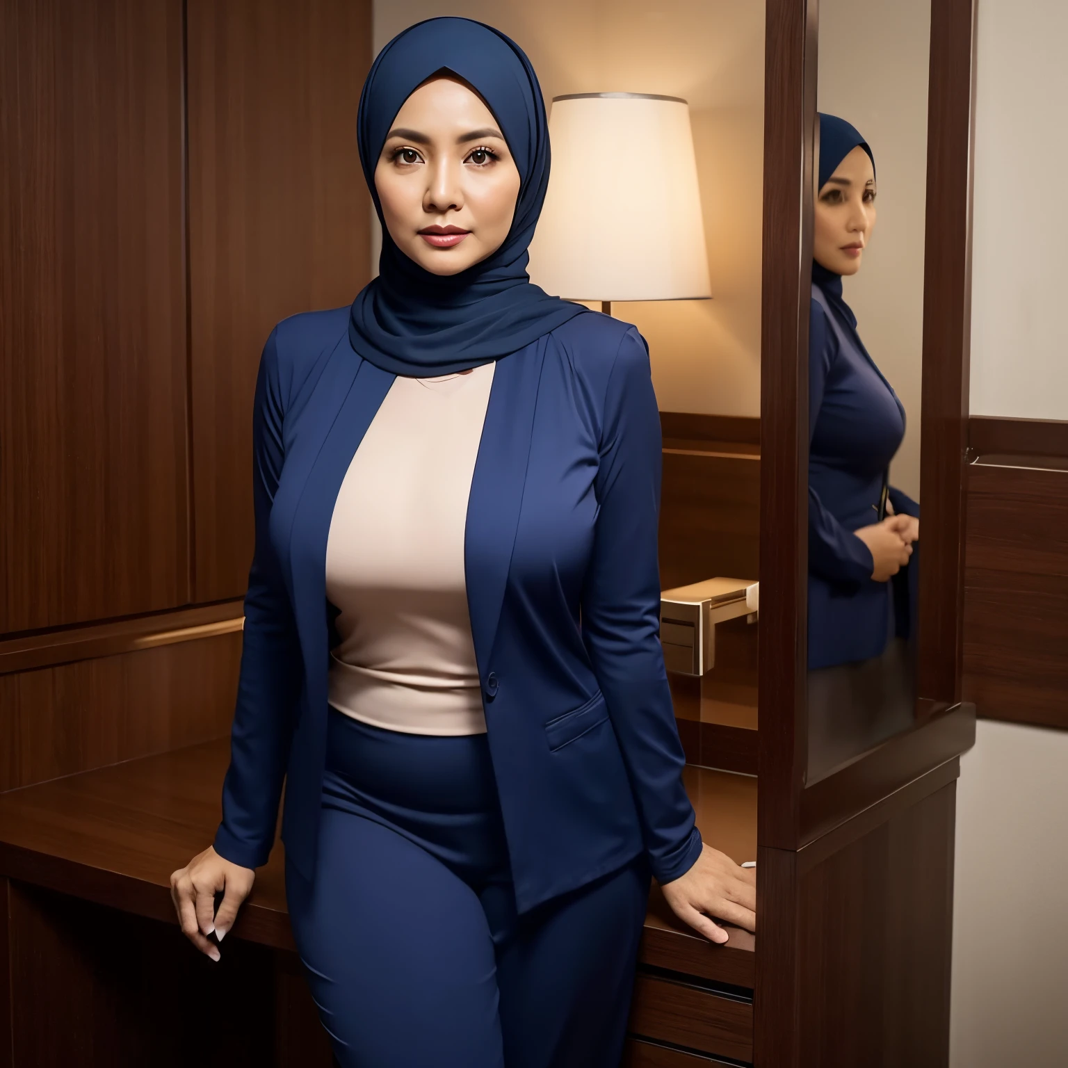 56 Years Old, ((Beautiful Hijab Nerdy Indonesian Mature woman)), White Porcelain skin, (Huge Tits) Curvy body, wearing Blazer, ((Tight Unbuttoned Blazer)), ((Lace Bra)), (Curvy Body), Full body shot, Professional Photoshot, Professional High Lightning, At Daytime, Light Colour, 7560P, Canon EOS 250D, 128K UHDR Best Quallity