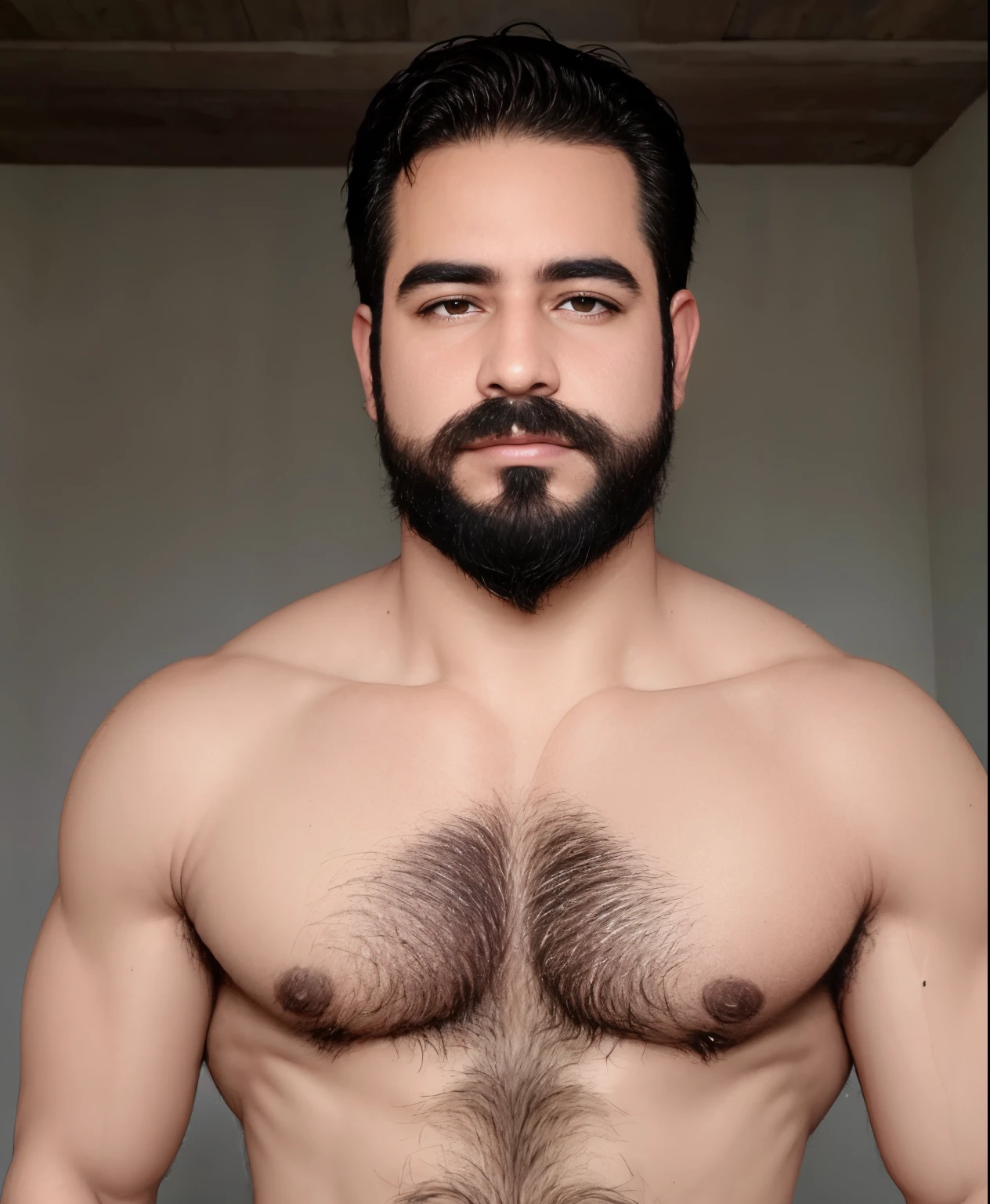 Retrato de un joven, musculoso muy guapo y atractivo guerrero griego, frente a un desierto de arena, cabello largo y desordenado, cuerpo peludo, ricas joyas coloridas y doradas, primer plano, pose real y actitud.