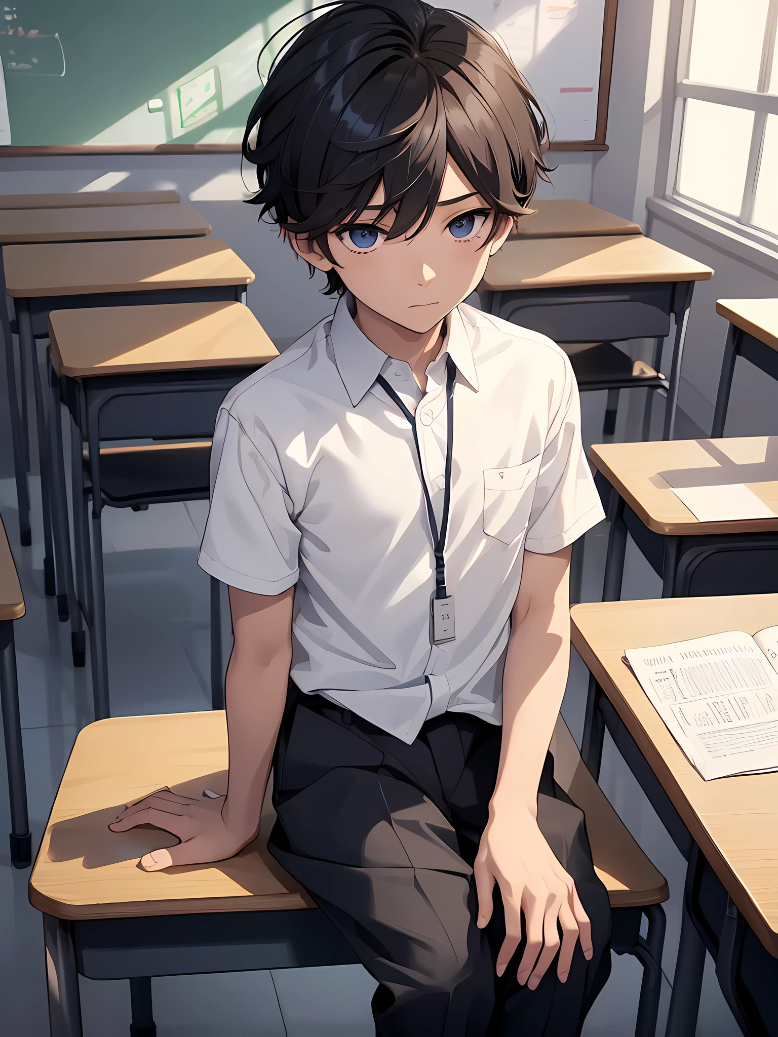 1boy, young male, age 12, solo, detailed eyes, masterpiece, (UntuckedShirt:1.2), student, White long shirt, short sleeves, long black pants, wearing lanyard, sitting, classroom, school, anime, line art anime