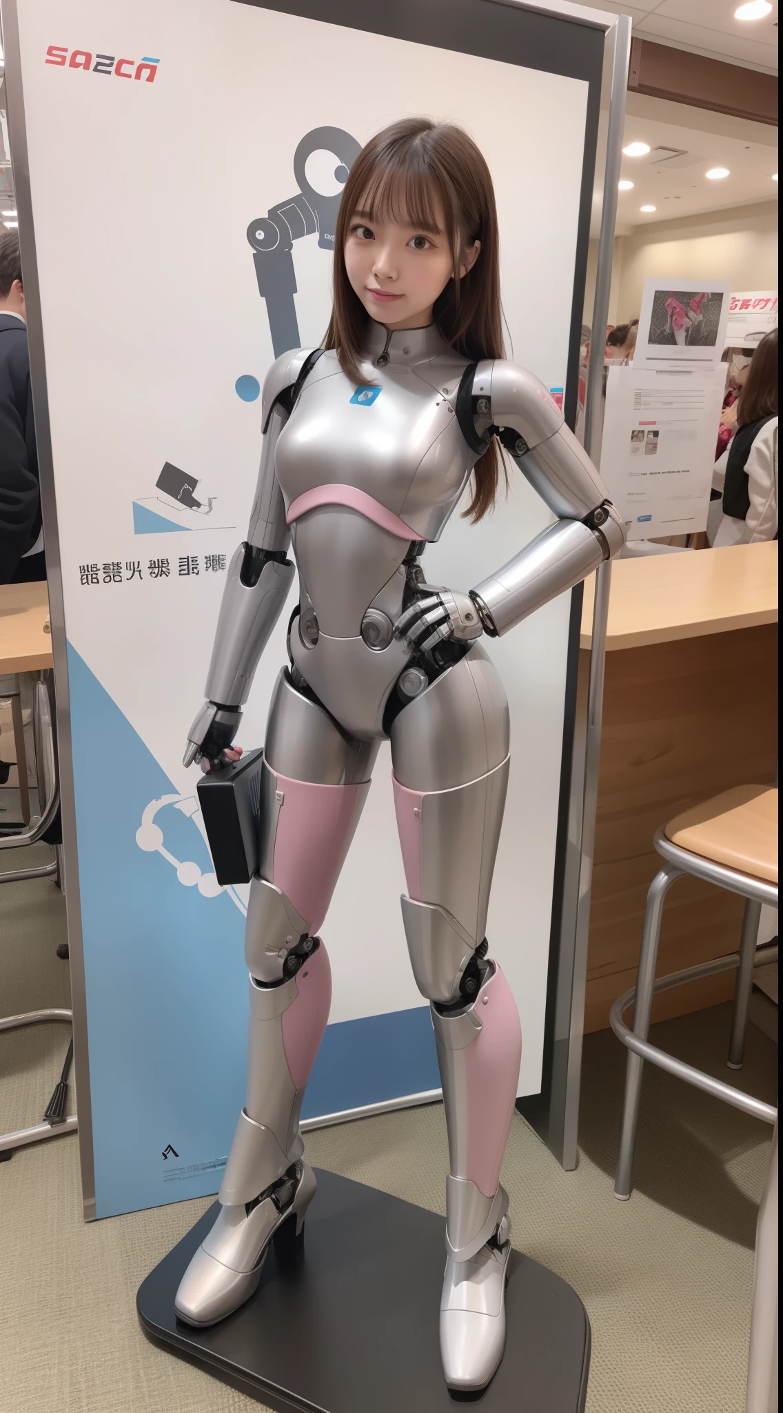 Robot Girl, pink there, Silver, Metallic body, Robot Parts, Metal Parts, Super Detailed Face, Super well-formed face, of the highest quality, a small face, a small head, Brown hair, Slender body, Camera gaze, Internal Mechanical Exposure, Idol, front facing, Well-proportioned body, sale, Exhibited, Event Hall, Moe Pose, job interview suit machine armor, Standing with legs open, Model body type, sad, Embarrassing,(Perfect Robot Girl),(Perfect machine body)
