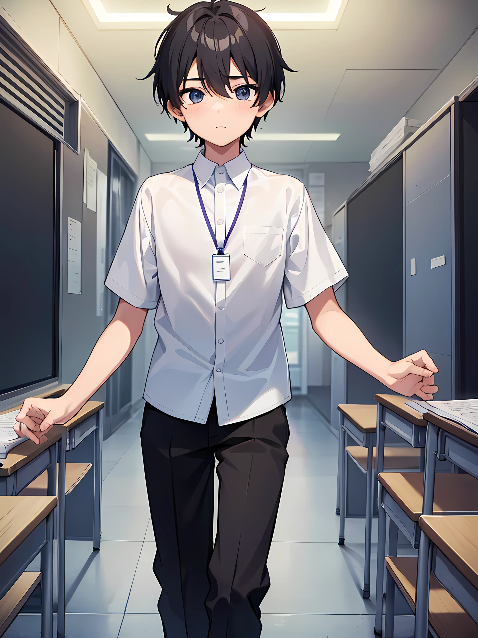 1boy, young male, , solo, detailed eyes, masterpiece, (UntuckedShirt:1.2), student, White long shirt, short sleeves, long black pants, wearing lanyard, classroom, school, anime, line art anime