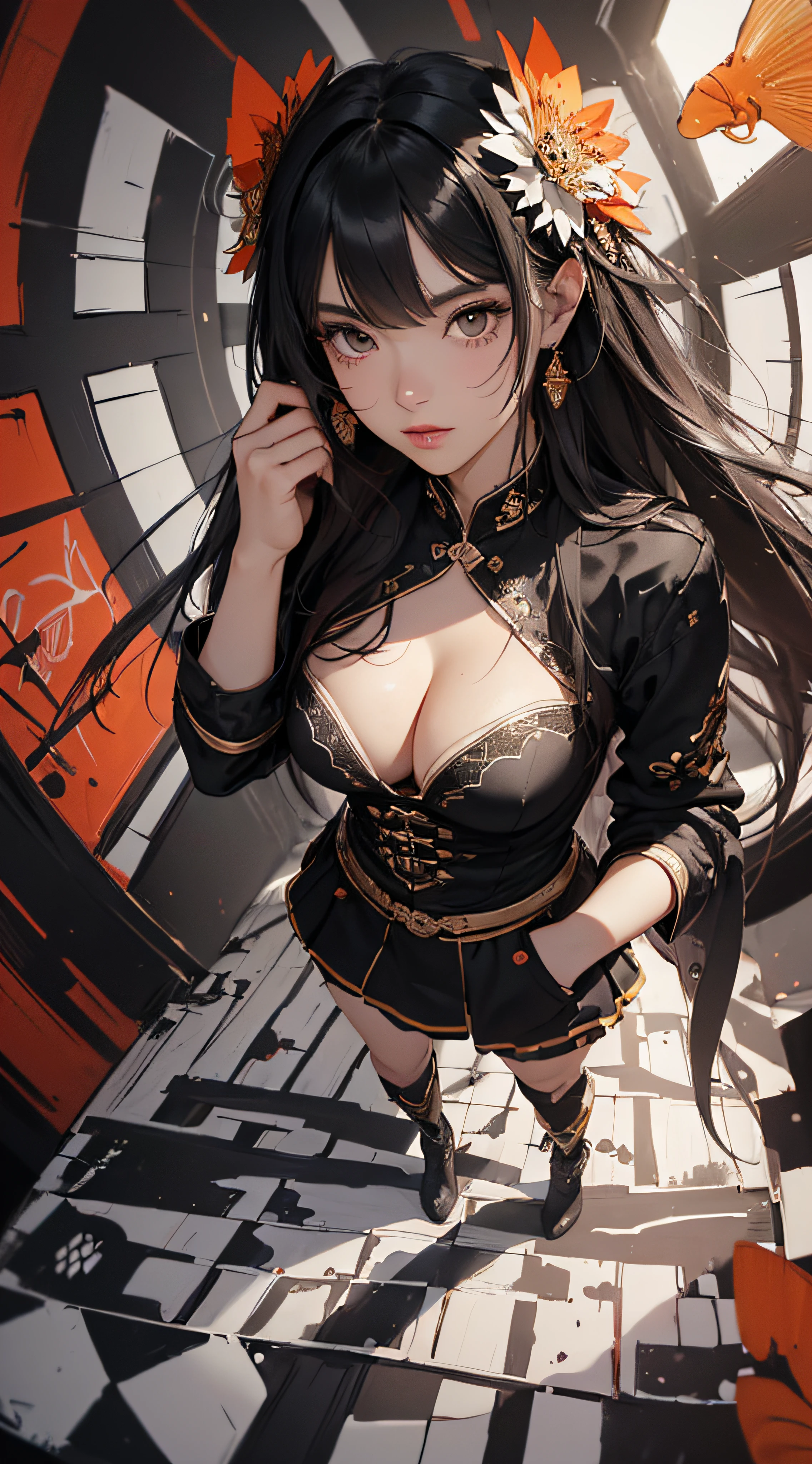 (((8k wallpaper of extremely detailed CG unit:1.2, ​masterpiece, hight resolution:1.2, top-quality:1.2, masutepiece))), ((a very beautiful woman, Hands in pockets:1.8, Grunge Fashion:1.2, wear a blouson:1.2, wearing skirt, wearing tights and boots)), ((extra detailed face, Highly detailed black eyes, extra detailed body, Top quality real texture skins)), (A dark-haired, length hair, de pele branca, Small:1.2, Exposed cleavage), ((Colorful geometric patterns are painted all over the wall.., Colorful wall)), (high-angle:1.2, a closeup, Fisheye:1.4), hyper realisitic, digitial painting,