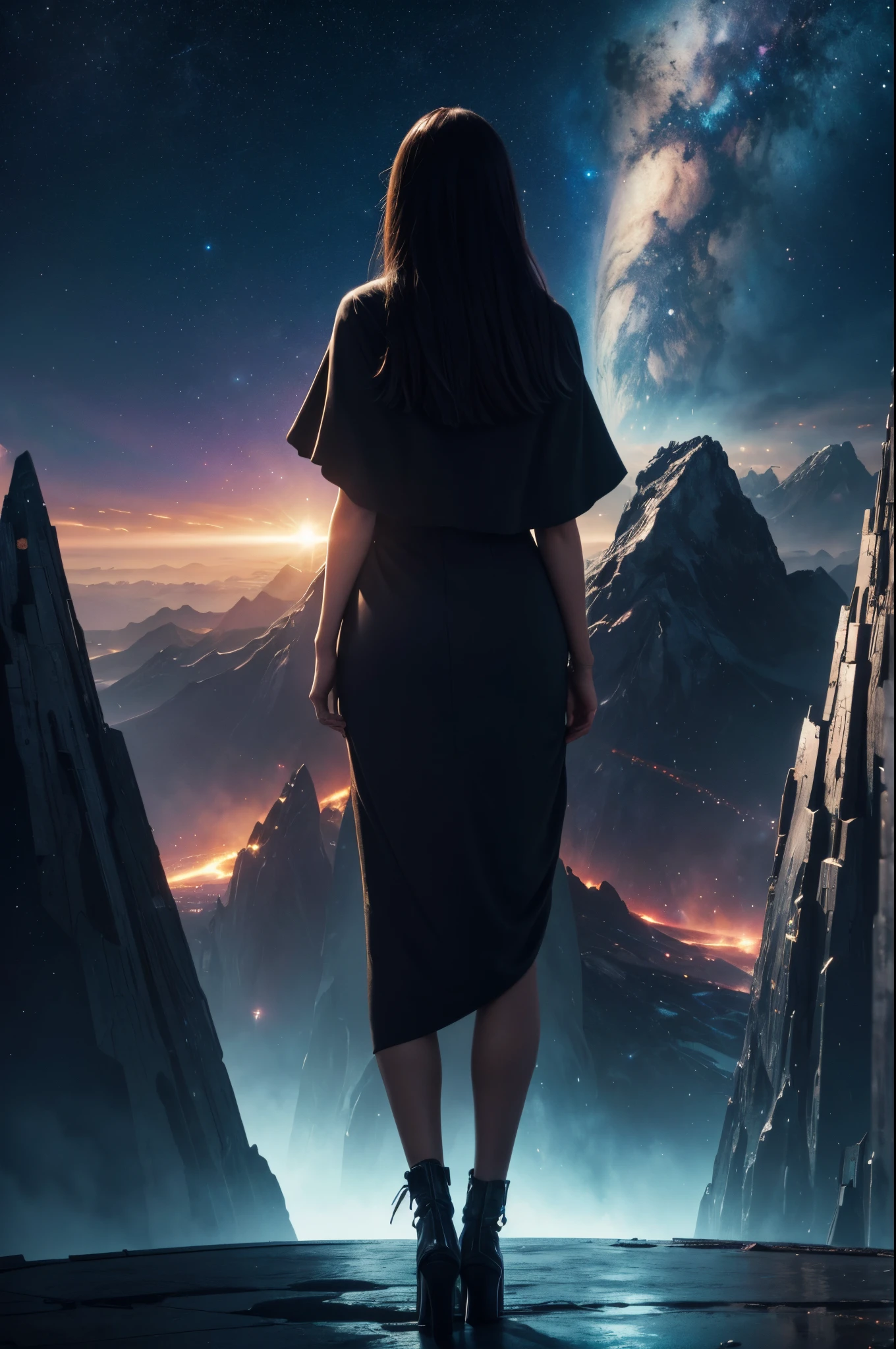 Cosmic cities in the distance, a tall girl figure facing forward and looking into the distance colors and space. lifestyle photography, candid, realistic, epic realism, cinematic, epic realism,8K, highly detailed and water falls behind her and more cosmic, movie like