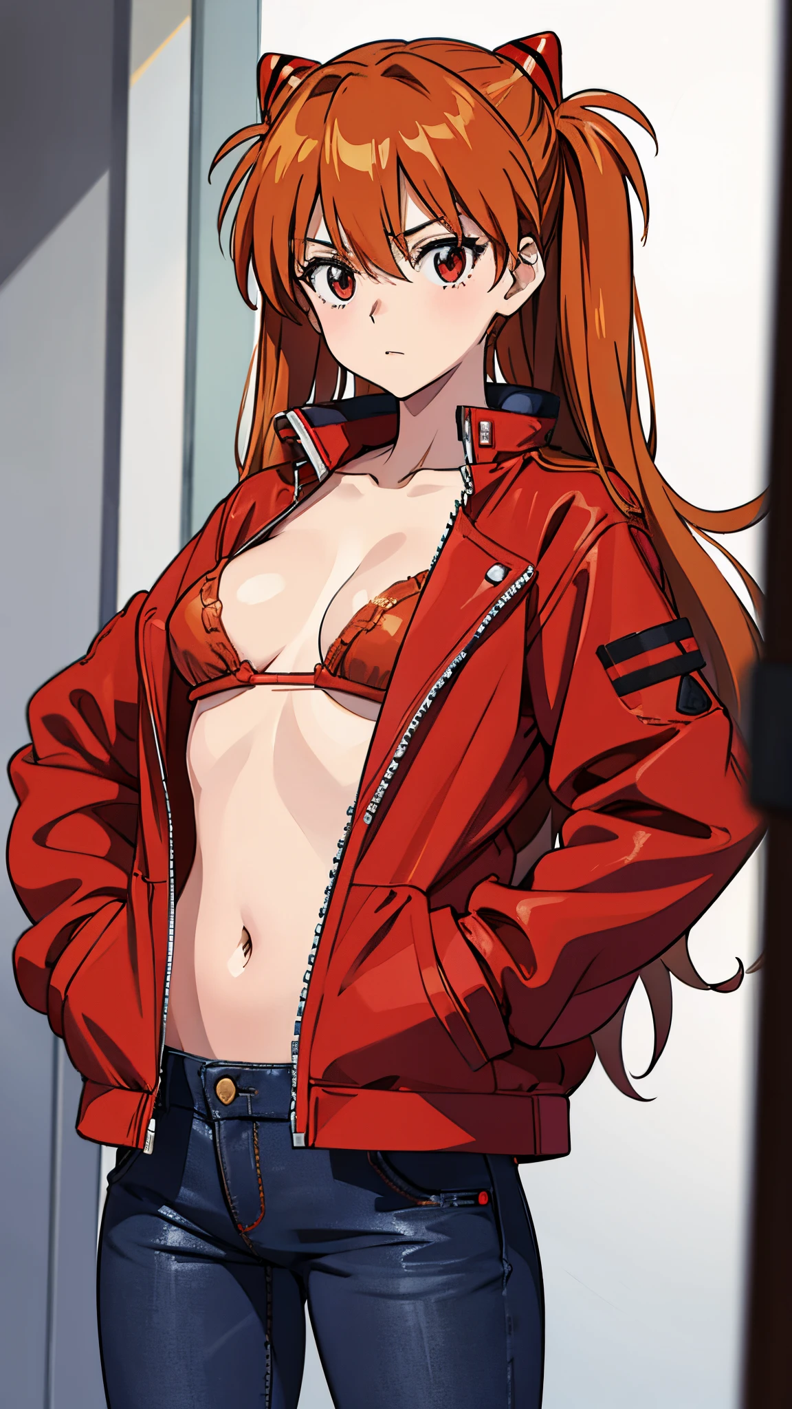 A  girl, Asuka Langley, big breastes, red jacket, red bra, black jeans, hands in pocket, big breastes