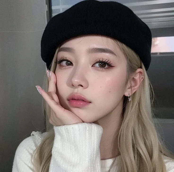 a close-up of a person with a hat and a hand on their face, Parque Roseanne do Blackpink, Retrato de Jossi de Blackpink, jossi do blackpink, Ulzzang, Jinyoung Canela, maquiagem sul-coreana popular, Heonhwa Choe, maquiagem coreana popular, Dom Yunjoo, menina coreana, Parque Ji-min, Kim Doyoung, Jaeyeon Nam