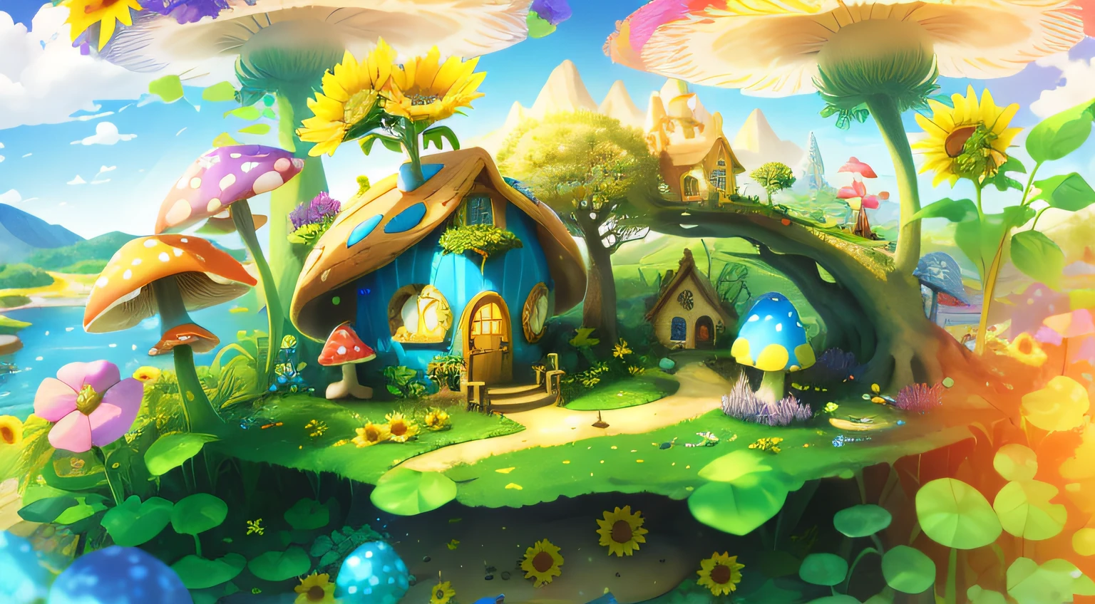 world in a bottle,A fairyland-like hideaway,Colorful mushroom house,a fairy world,夏天,Seafront,Rios,tree house,sunflower fields,lavender,mountain ranges,mountain peaks,big trees,