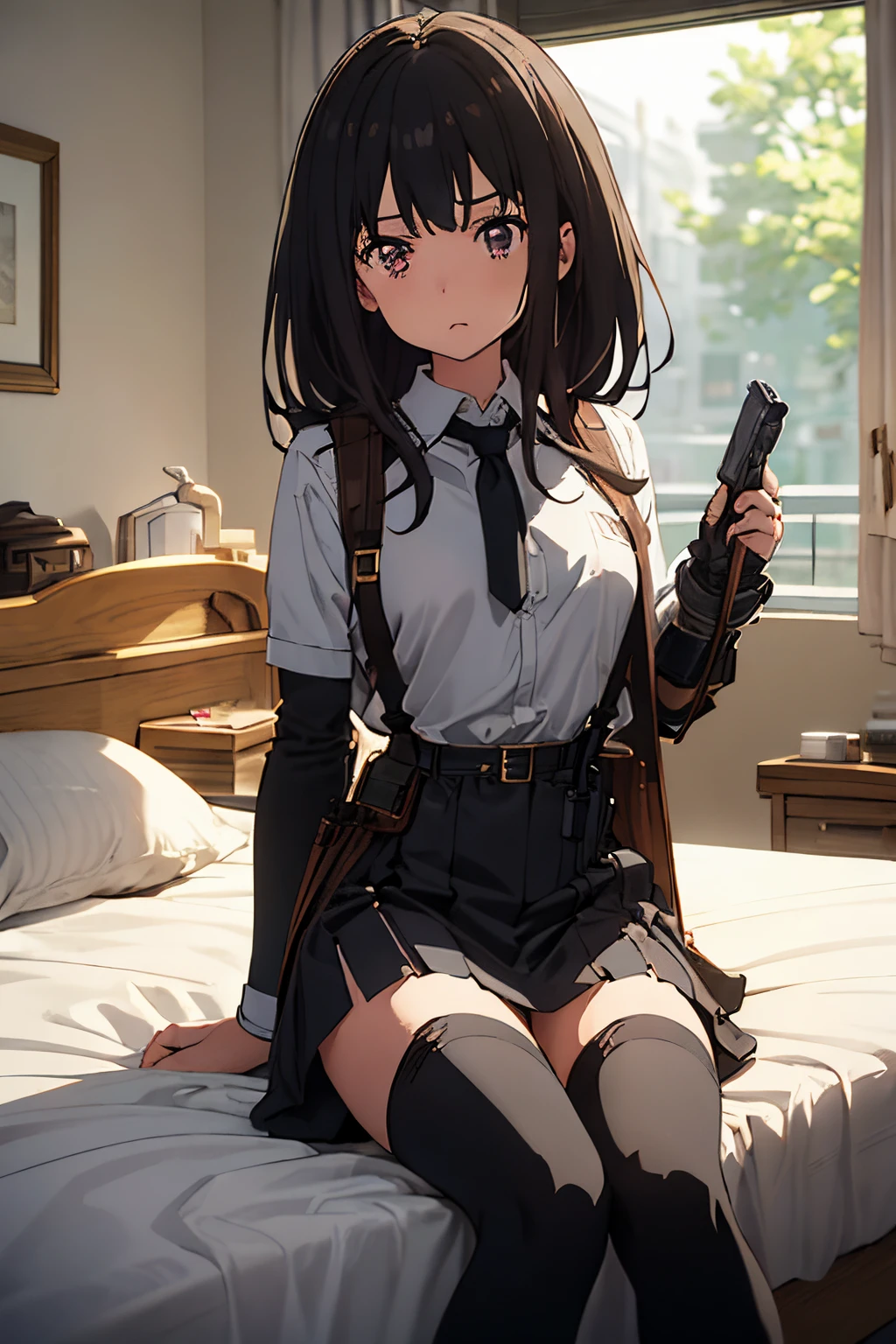 ​masterpiece、flat-colors、depth of fields、lens flare 1 girl、、Brown hair、watching at viewers　　　black suspenders　　　Bulging big breasts　　 　 　　　walls: 　Black miniskirt　garters　　　　　　Gaze　　　Small face　bangss 　　　holster　　a belt 　Beautuful Women　srestrained　hands up　Lying in bed　Leg holster