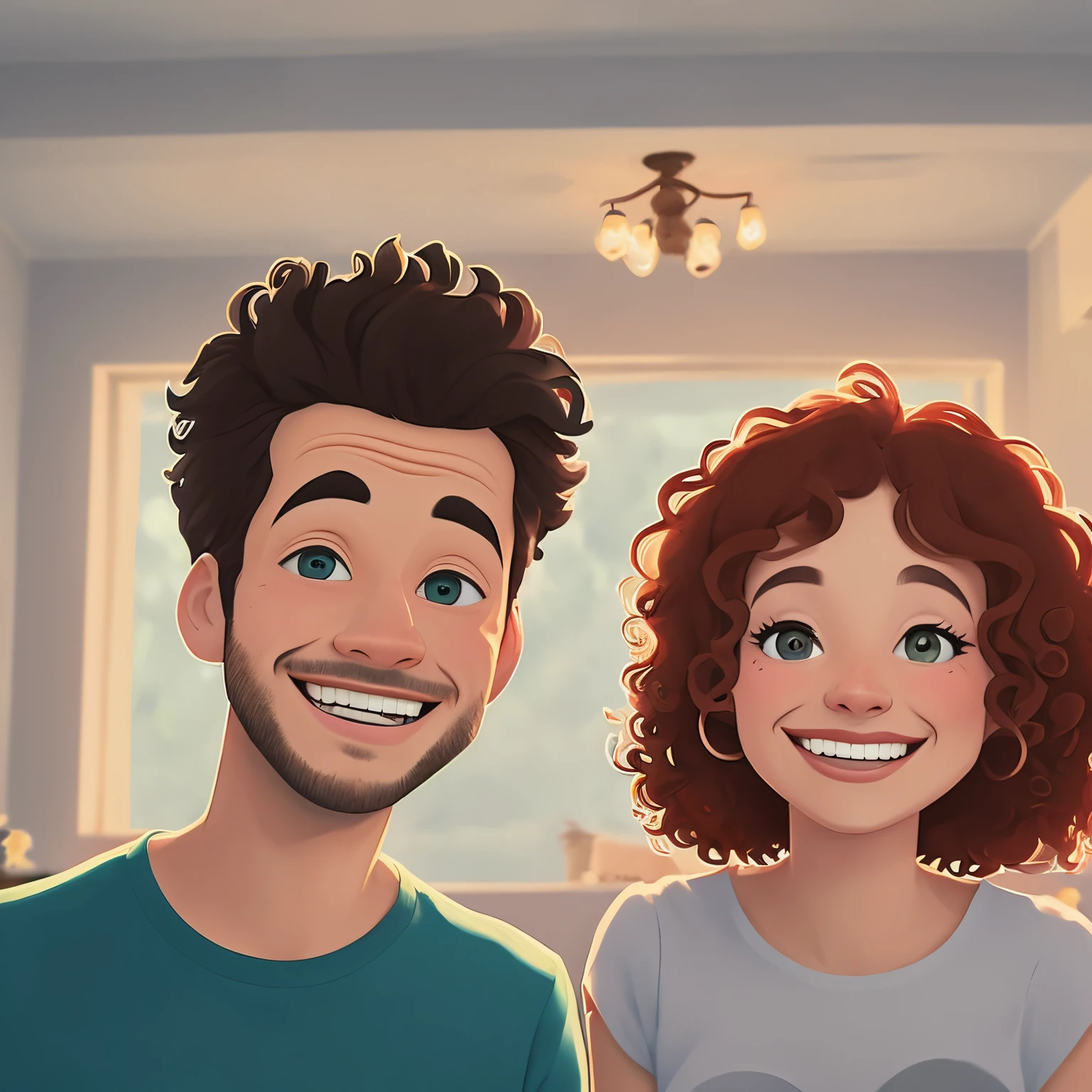 An illustration of an adorable couple, Highlights include a chubby smiling mulatto man and a white woman with beautiful expressive eyes - the man's skin is mulatto and so is the man's hair, while the woman's skin is light and the woman's hair is curly and brown. They are a bright room, cada um com um sorriso no rosto, e compartilhar um momento especial caracterizado pelo amor, Insights. Illustrate this scene from a perspective where they are facing the camera, Smiling and Showing Your Connection. Desenvolva esta arte em Full HD, Focus on your cinematic touch, Estilo Disney Pixar Animations