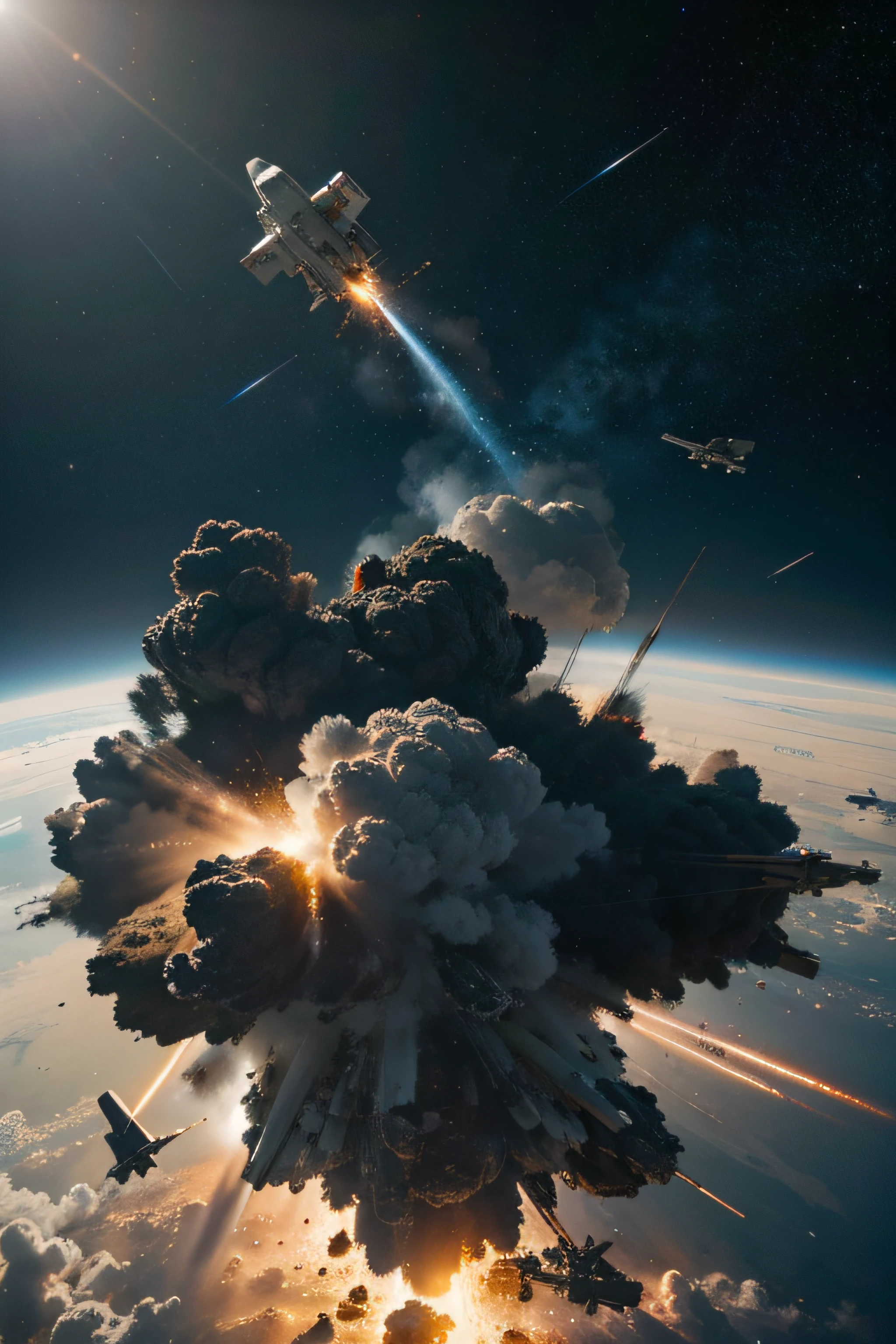 Spaceship explosion, damage in space, realistic details, hyper-realism, bright picture, ultra-wide angle, bird's-eye view, high reality, light and dark